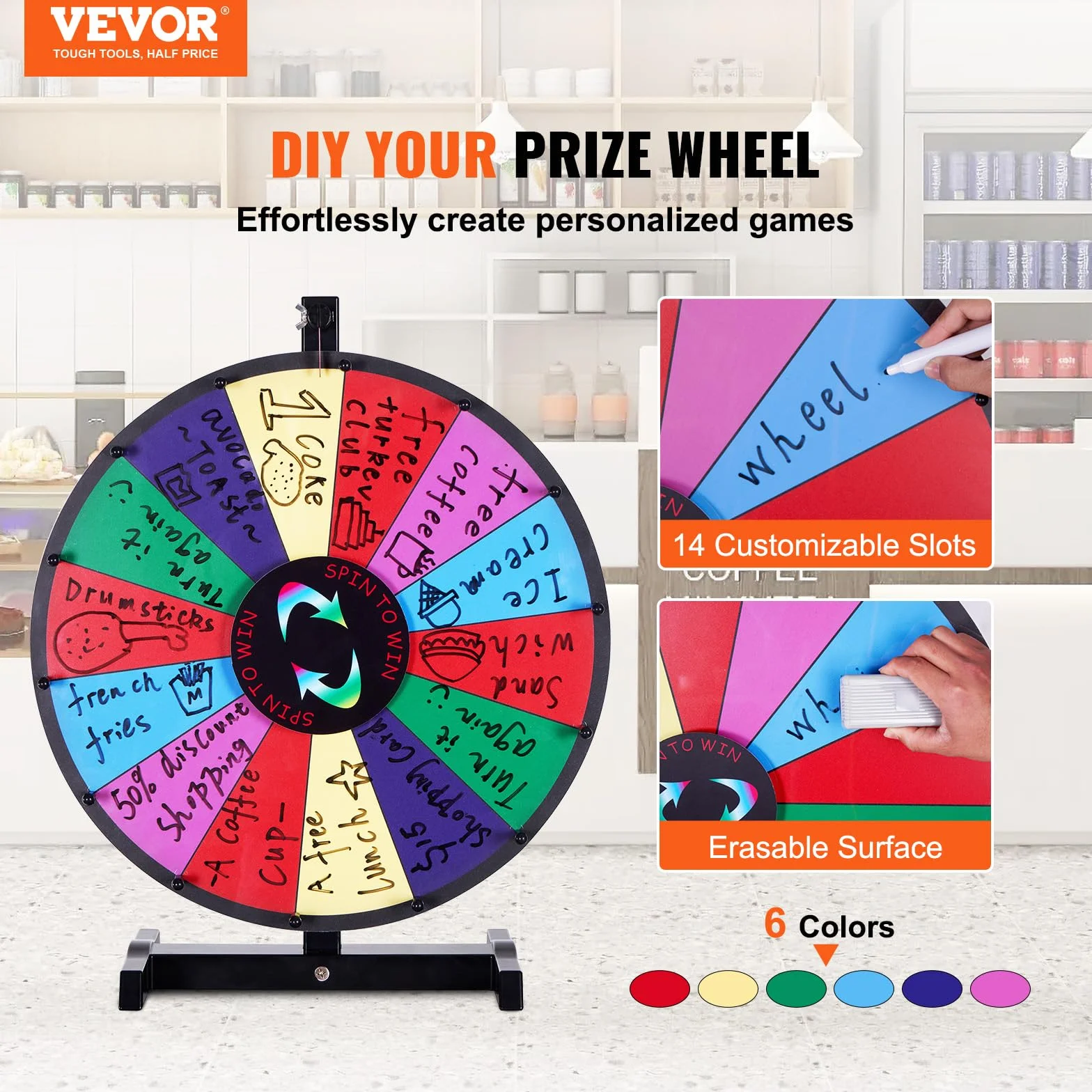VEVOR 457 mm Glücksrad, Tisch-Drehrad mit 14 Schlitzen, Roulette-Rad mit Trocken Abwischbarem Stift & 2 Markern, Gewinnen Sie Glücksradspiele bei Partys, Kneipen, Messen und Karnevalen