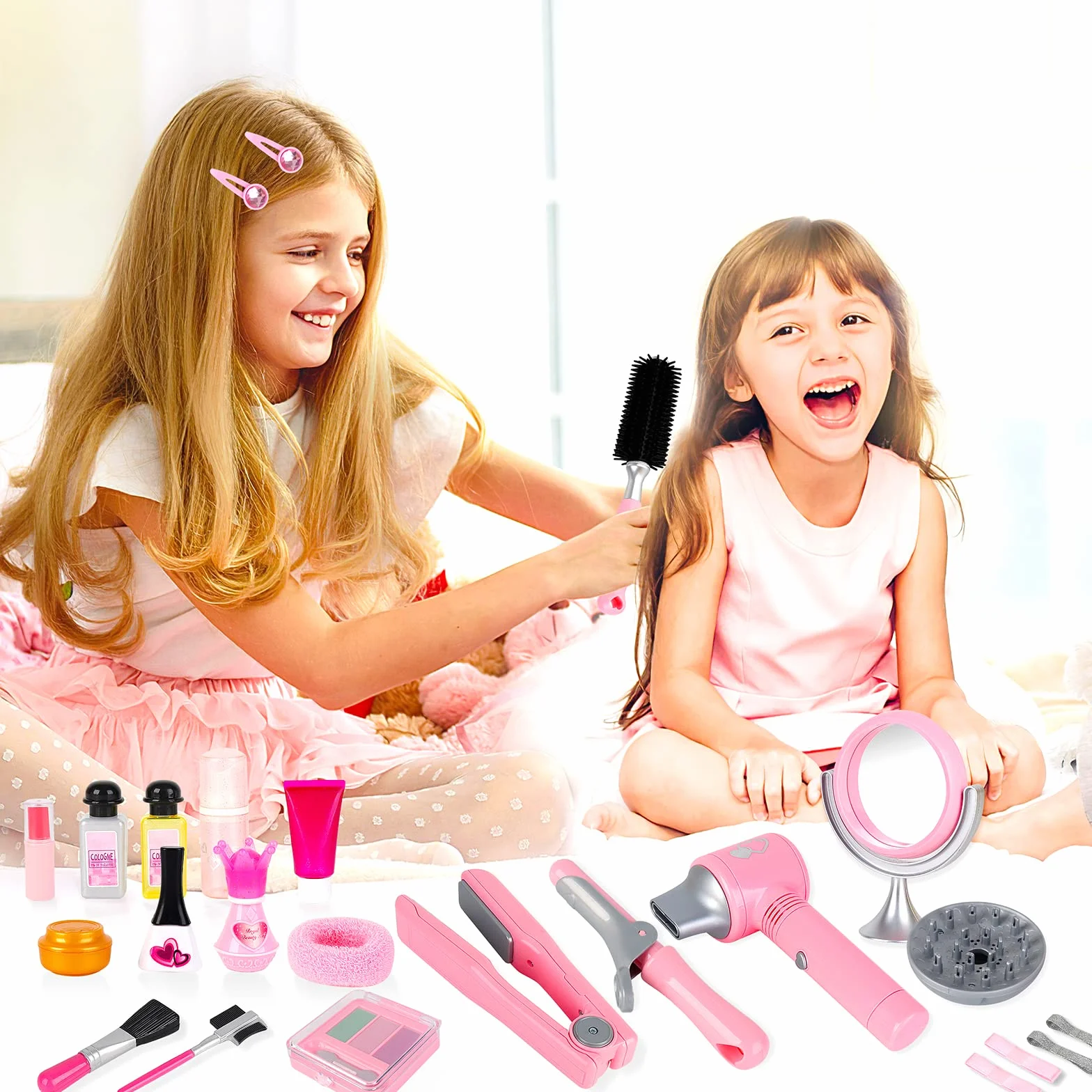 deAO Schönheitssalon-Set für Mädchen, 35-teilig, Modespiel mit Haartrockner, Spiegel, Lockenstab und anderem Zubehör, simuliertes Make-up-Set für Kinder