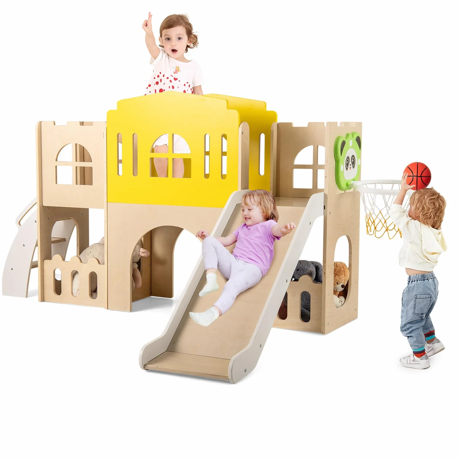 COSTWAY 7-in-1 Kinder Rutsche, Kinderrutsche mit Kletterleiter & Basketballkorb & Tunnel & Stauraum, Klettergerüst Indoor, Holz Spielplatz für Kinder ab 3 Jahren