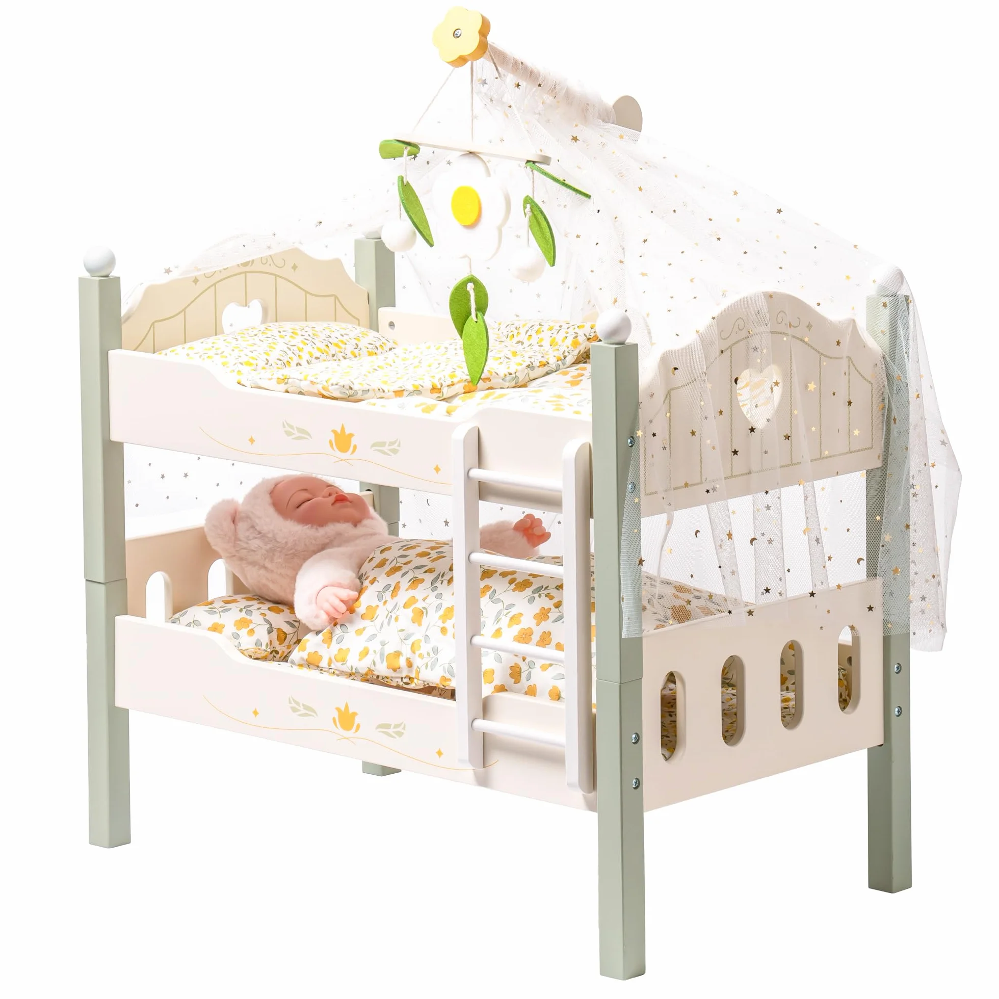 ROBOTIME Puppen-Etagenbett aus Holz, Puppenbetten, umbaubares Bett mit Leiter und Bettzeug, für 18 Zoll große stapelbare Puppenbetten, perfektes Puppenzubehör, Geschenk für Kinder (Grün)