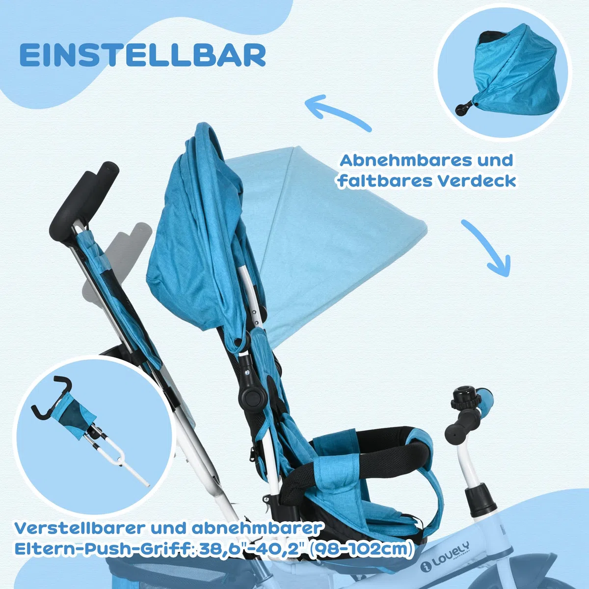 HOMCOM Dreirad 6-in-1 mit Schubstange für 1-5 Jahre Kinder bis 25kg, Kinderdreirad mit Vorwärts und Rückwärtsfahrt, Korb Tasche Becherhalter Sonnendach, Blau