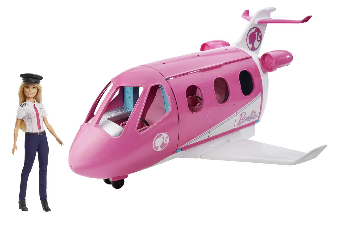 Barbie Flugzeug mit Pilotin Puppe, mit beweglichen Räder und 15x Zubehör inkl. Haustier und Trolley, in rosa, Spielzeug ab 3 Jahre, GJB33