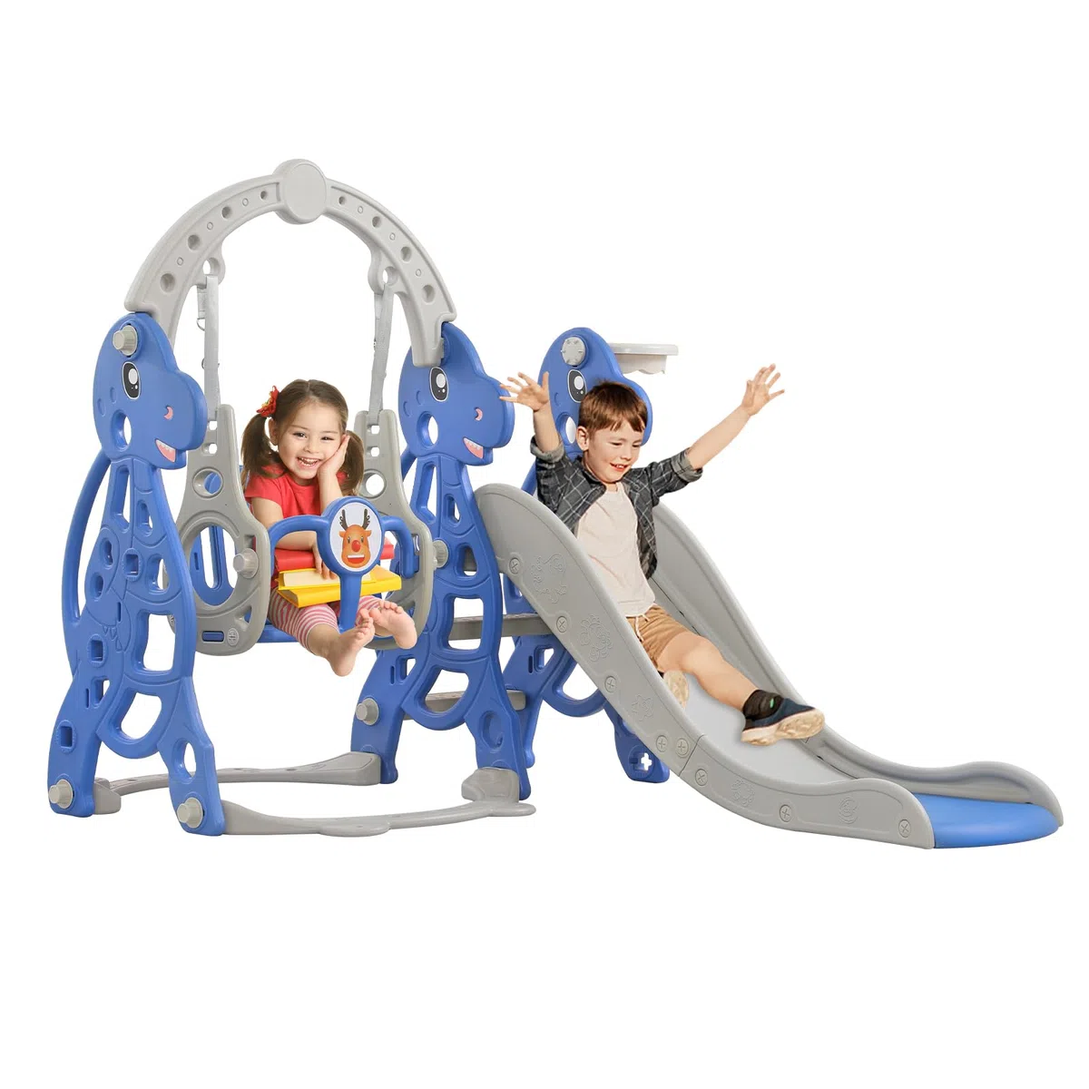 FIVMEN Rutsche Kinderrutsche 4-in-1 Set, Kinder Spielzeugrutsche Indoor Outdoor mit Basketballkorb & Schaukelstuhl, für Max 50KG ab 1-6 Jahre Kinder (Type B, Bogen)