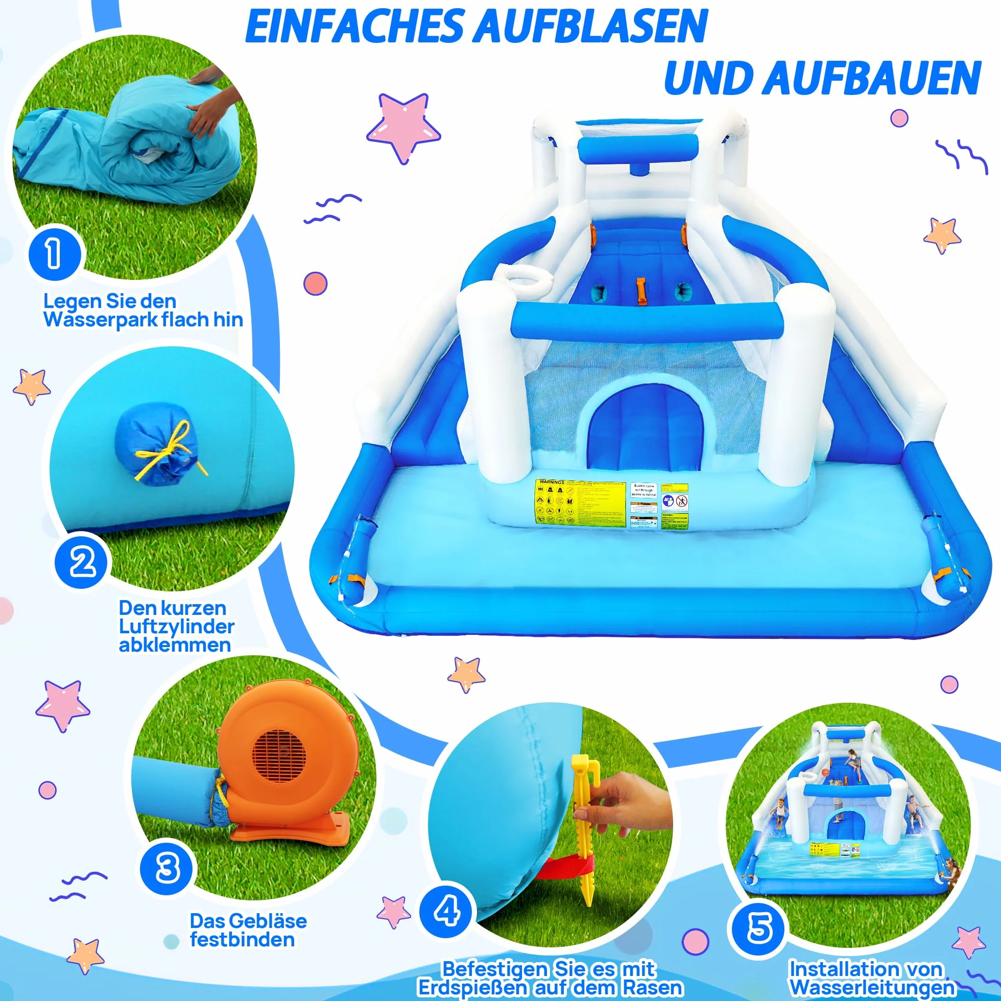 Aufblasbarer Wasserspielpark Hüpfburg mit Wasserrutsche Trampolin Basketballkorb und 2 Wasserpistolen Outdoor Hüpfburg für Kinder, geeignet für Garten und Party