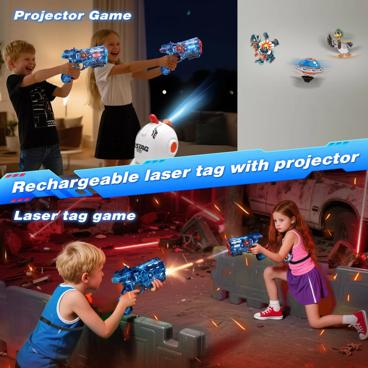 VATOS Wiederaufladbares Laser Tag Set mit Projektor, 2 Spieler Spielzeugpistole mit Projektor und digitaler LED-Punktanzeige, Schießspiele mit 3 Zielen, perfektes Familienspielzeug für Kinder