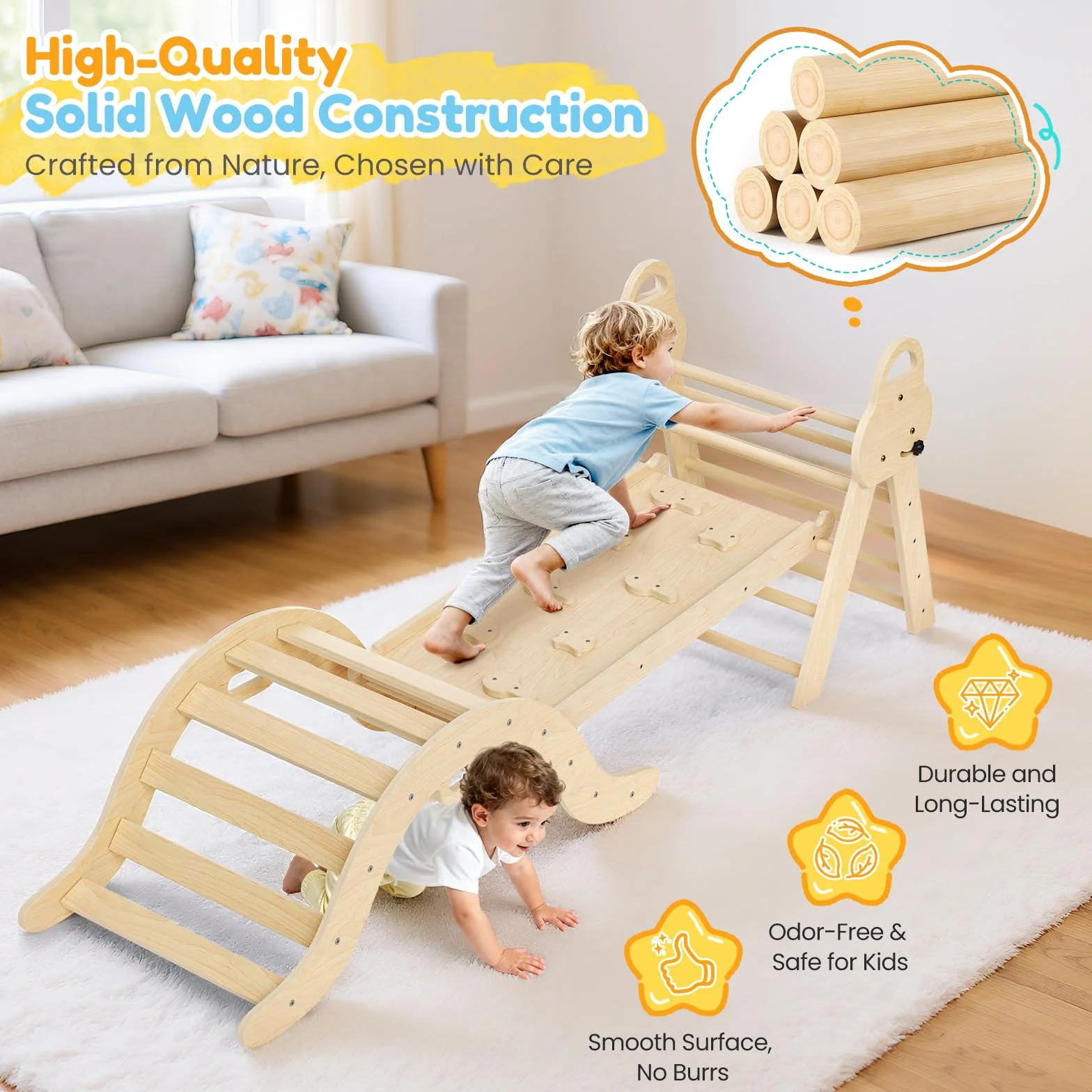 7-in-1 Montessori Kletterdreieck aus Holz – Indoor Klettergerüst mit Rutsche für Kinder ab 1 Jahr | Spielplatz Kletterset Baby Spielzeug