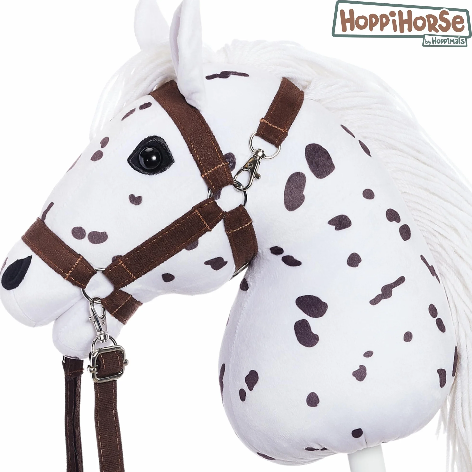 HOPPIHORSE Steckenpferd mit Trense - A3 - Hobby Horse mit Zügeln, Schultergurt, Schweif - hochwertiges Plüsch mit Langer Mähne - Silikongriff für besseren Halt - mit Geschenkverpackung