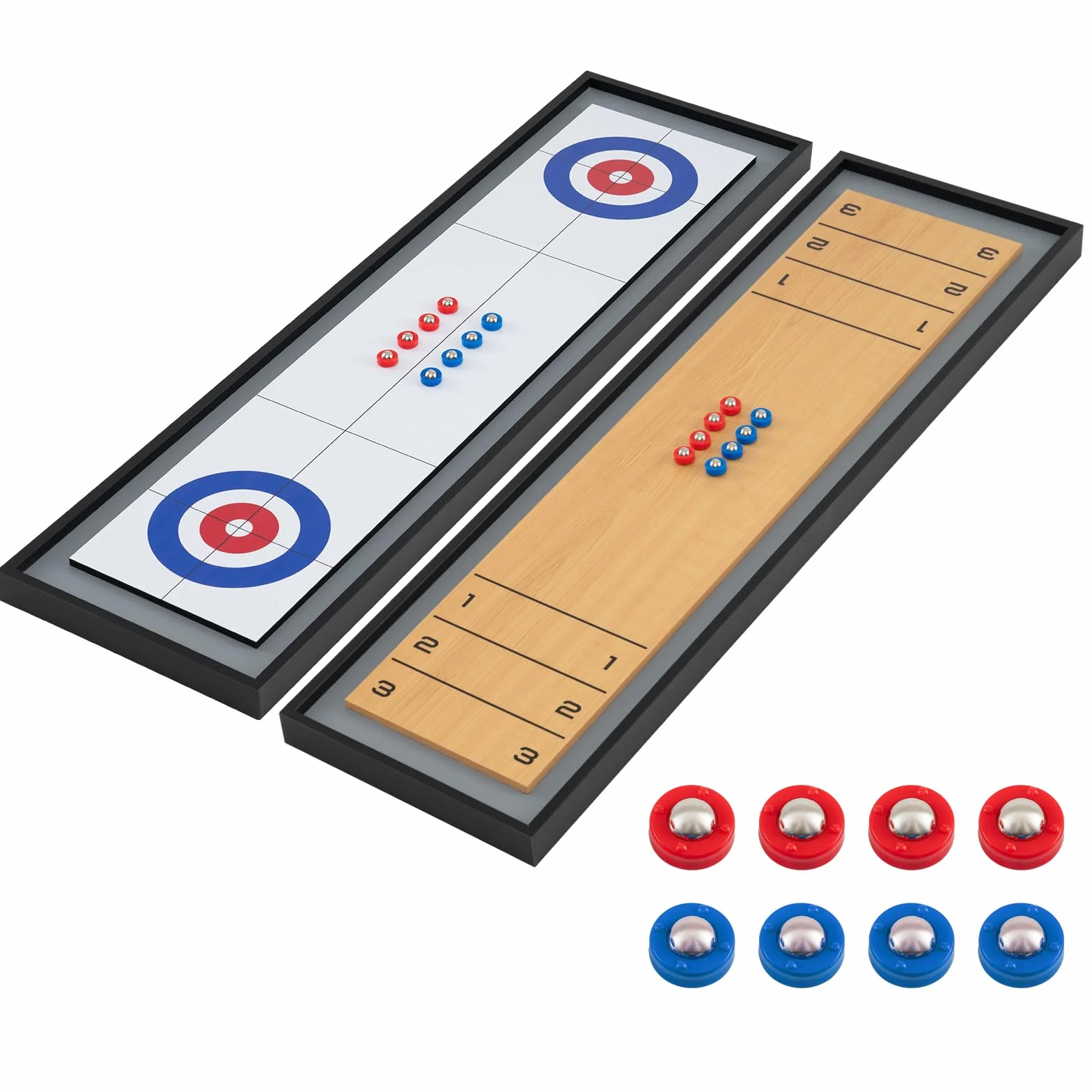 COSTWAY 2 in 1 Shuffleboard & Curling, 114 x 32 cm Brettspiele mit 8 Pucks, tragbares Tisch-Shuffleboard, Table Top Game aus Holz, Tischkegelspiel für Kinder, Erwachsene