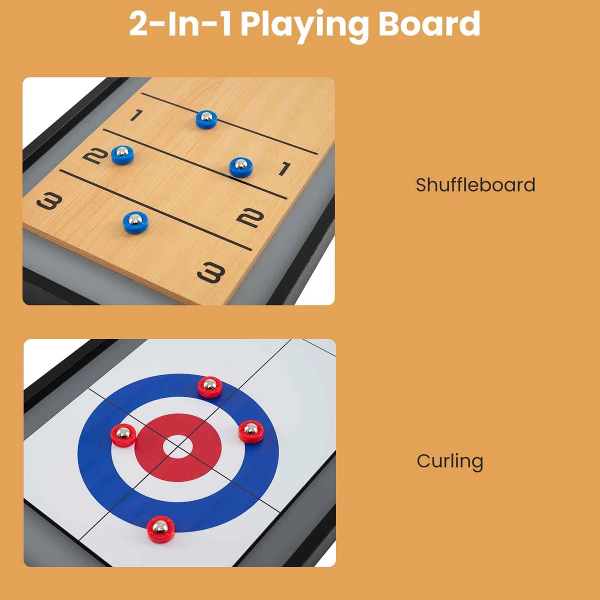 HOMASIS 2 in 1 Spieltisch mit Shuffleboard & Curling, tragbarer Shuffleboard-Tisch Curling Spiel mit 8 Pucks, Brettspiele Tischkegelspiel Multi Tischspiel Set für Kinder & Erwachsene