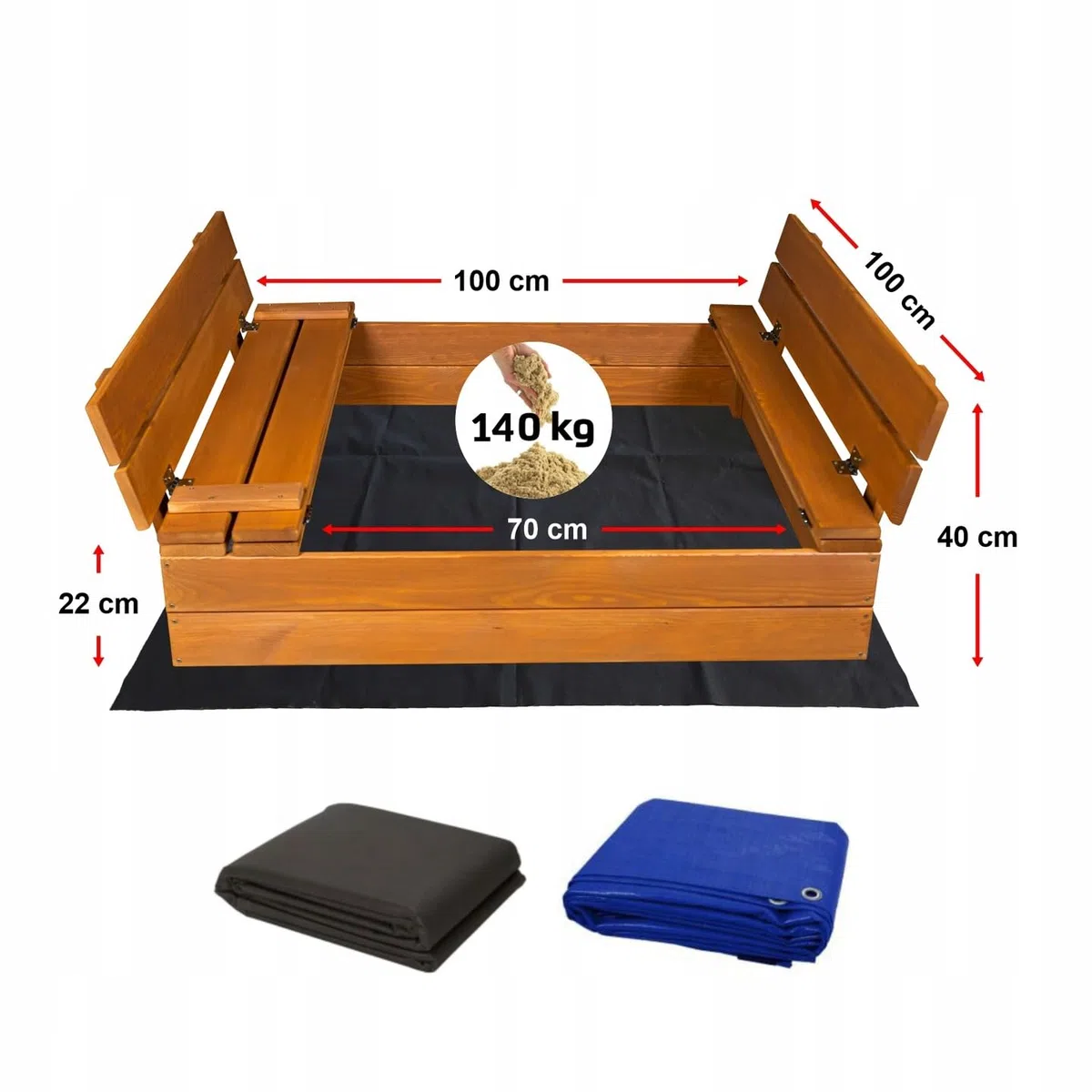 SunWood Sandkasten 100x100 cm Imprägniert Premium Sandbox mit Abdeckung Sitzbänken Deckel Plane Sandkiste Holz Kiefer Sandkastenvlies Amber-Imprägniert