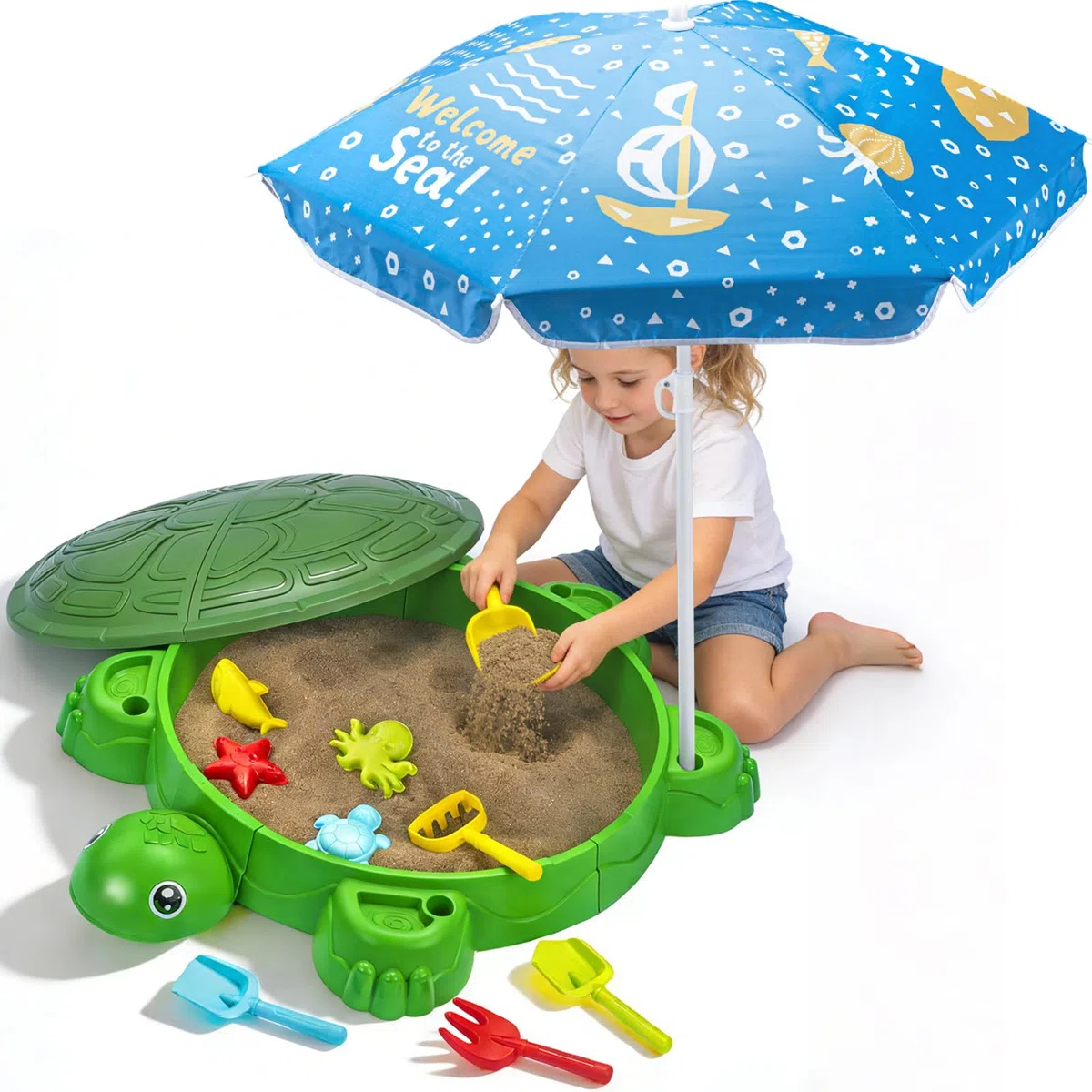 VROGTIK Schildkrötensandkasten mit Sonnenschirm & Deckel, Kinder Sandkasten, Strandspielset mit Meerestiere-Zubehör, Wetterbeständig Sandspielzeug für Garten & Strand, Ab 3 Jahren