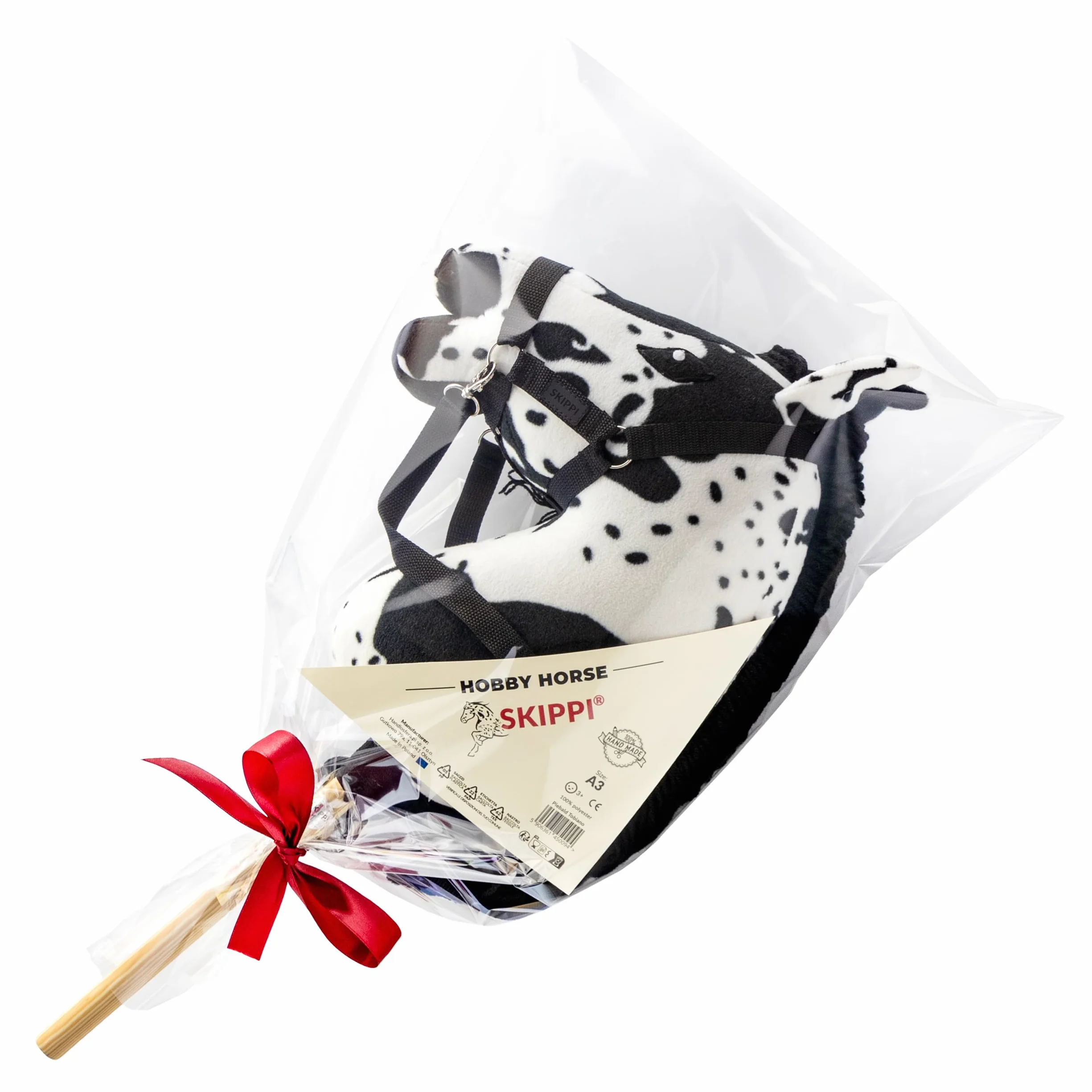 SKIPPI Hobby Horse Rappschecke, Steckenpferd mit Halfter und Zügeln im Set, Schecke Hobby Horsing Pferd A3, Weißes Pferd mit Schwarzen Flecken