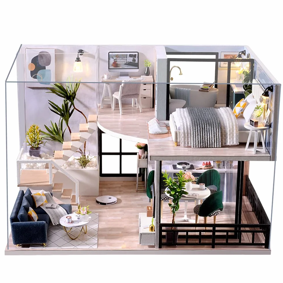 CUTEBEE Puppenhaus Miniatur mit Möbeln, Idee DIY hölzernes Puppenhaus-Kit, Maßstab 1:24 kreativer Raum(Cozy Time
