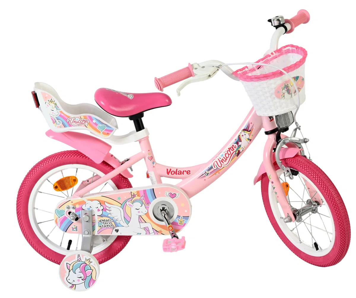 Volare Einhorn Kinderfahrrad Pink | 14 Zoll | 3,5–5 Jahre | Hand- & Rücktrittbremse | Stützräder | Verstellbarer Sattel | Puppensitz & Korb | Geschenk für Mädchen