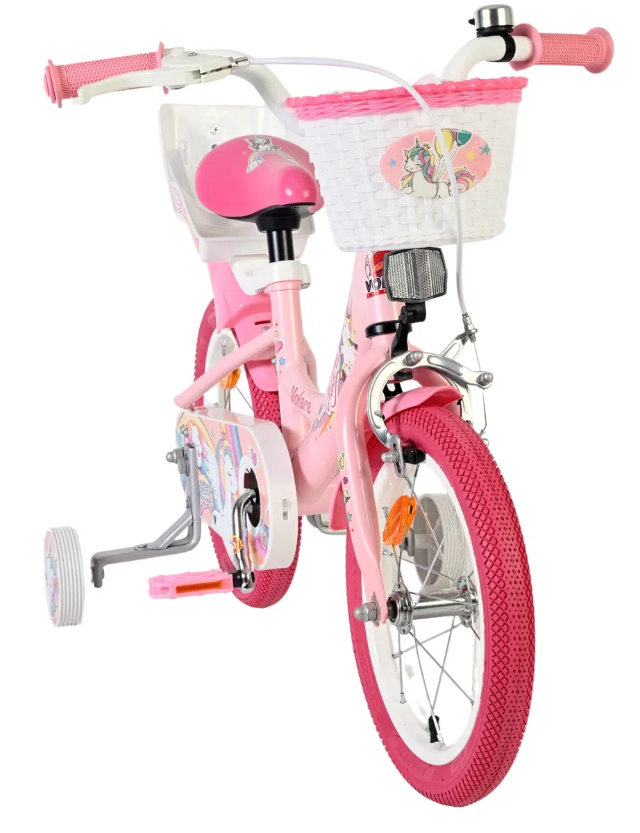 Volare Einhorn Kinderfahrrad Pink | 14 Zoll | 3,5–5 Jahre | Hand- & Rücktrittbremse | Stützräder | Verstellbarer Sattel | Puppensitz & Korb | Geschenk für Mädchen