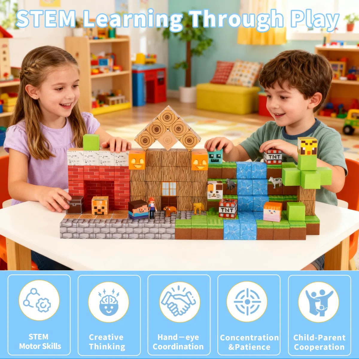 MEESHEEP 150PCS Magnetische Bausteine, STEM Montessori-Spielzeuge Kinder (3-10J) | Fördert Kreativität, Vorstellungskraft & Selbstvertrauen | Aufbewahrbar