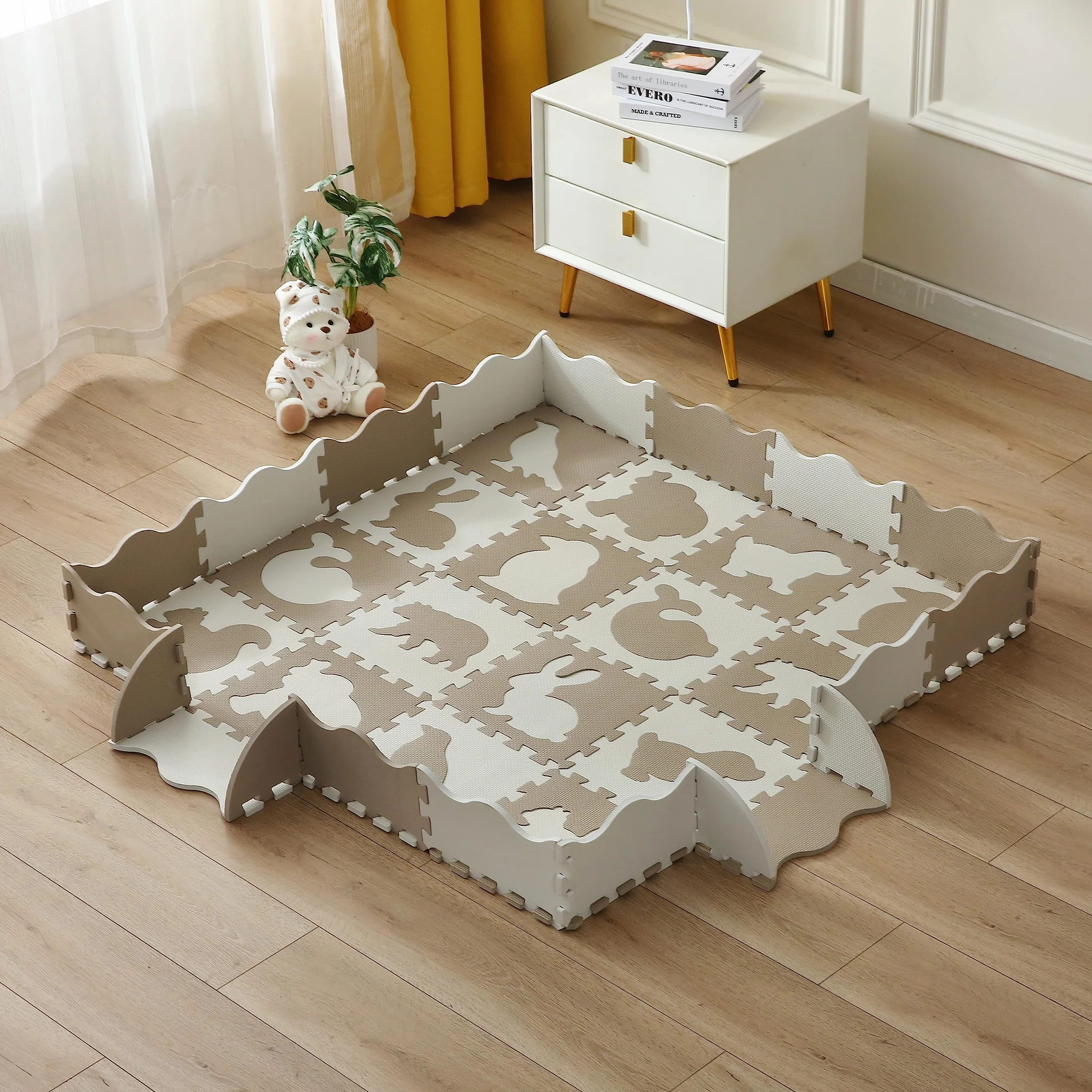 Kindermatte Puzzlematte Kind Play Mat for Floor Interlocking Eva Foam Puzzle Mat Krabbeldecke FüR Tiermuster drucken Krabbelmatte rutschfest 142×142×1cm, Tannfarbe Modell 10