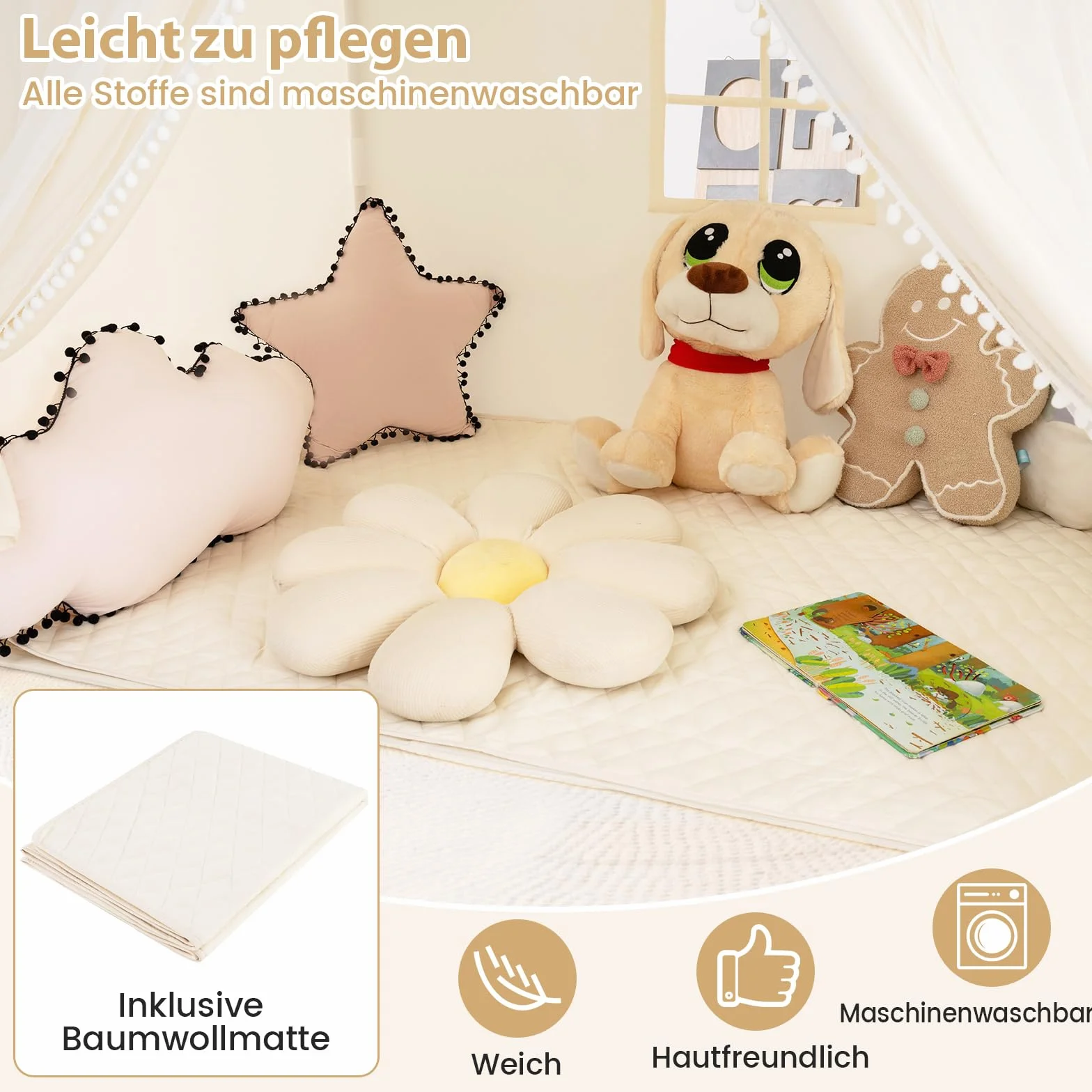COSTWAY Spielhaus Kinder Indoor, Kinderzelt mit Matte und Lichtern, Spielzelt Kinder, Prinzessin Kinderspielhaus, Kinderzimmer Dekor Zelt für Jungen und Mädchen ab 3 Jahren (Beige)
