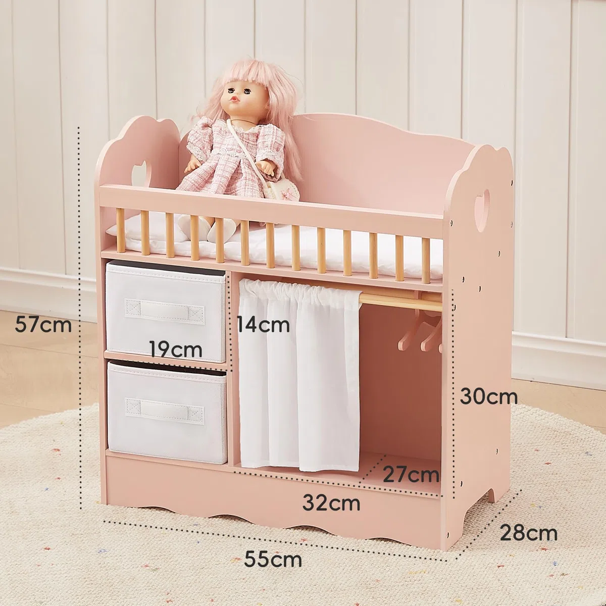 OOOK Puppenbett Holz, Baby Puppen Bett mit Kleiderschrank, Puppenbett und Puppenkleiderschrank mit 2 Aufbewahrungsboxen, Puppenzubehör ab 3 Jahre für Puppen unter 55 cm