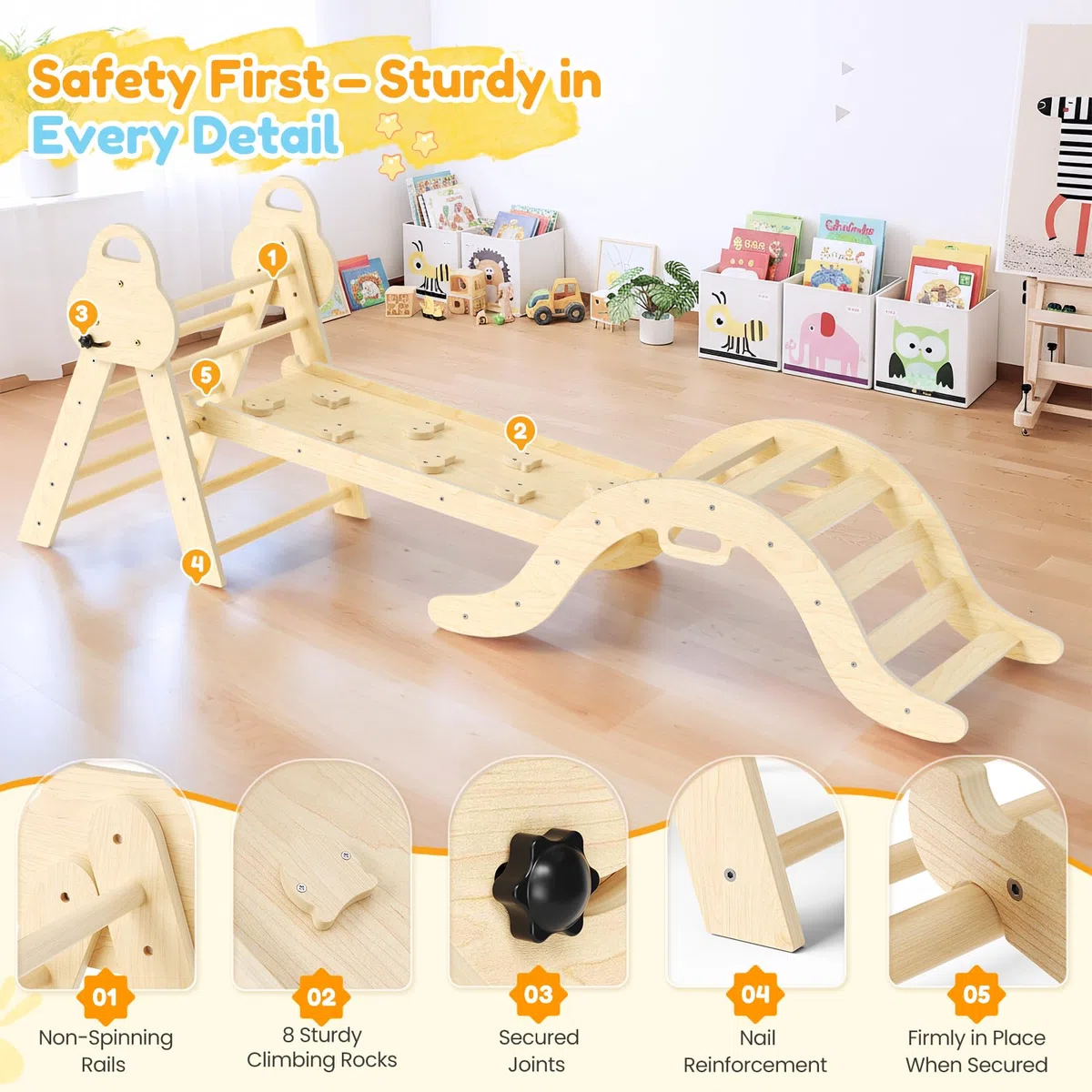 7-in-1 Montessori Kletterdreieck aus Holz – Indoor Klettergerüst mit Rutsche für Kinder ab 1 Jahr | Spielplatz Kletterset Baby Spielzeug