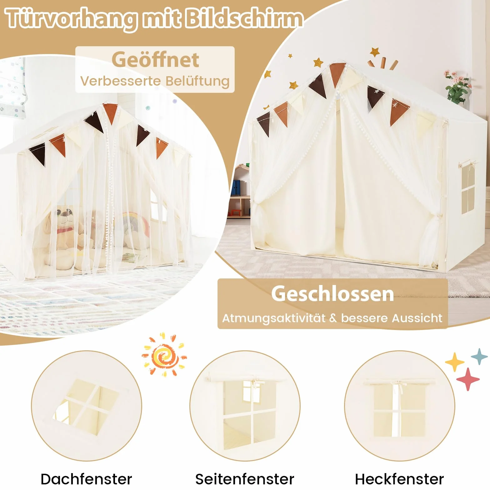 COSTWAY Spielhaus Kinder Indoor, Kinderzelt mit Matte und Lichtern, Spielzelt Kinder, Prinzessin Kinderspielhaus, Kinderzimmer Dekor Zelt für Jungen und Mädchen ab 3 Jahren (Beige)