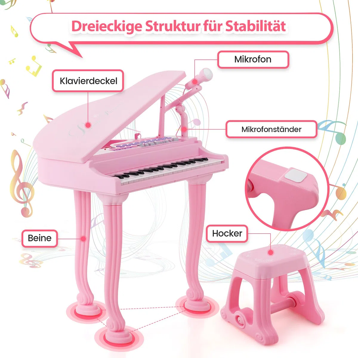 COSTWAY Kinder Keyboard mit 37 Tasten & Hocker, elektronische Klaviertastatur tragbar mit Mikrofon, LED-Lehrmodus, Aufnahme- & Wiedergabefunktion, Musikinstrument für Kinder ab 3 Jahre (Rosa)