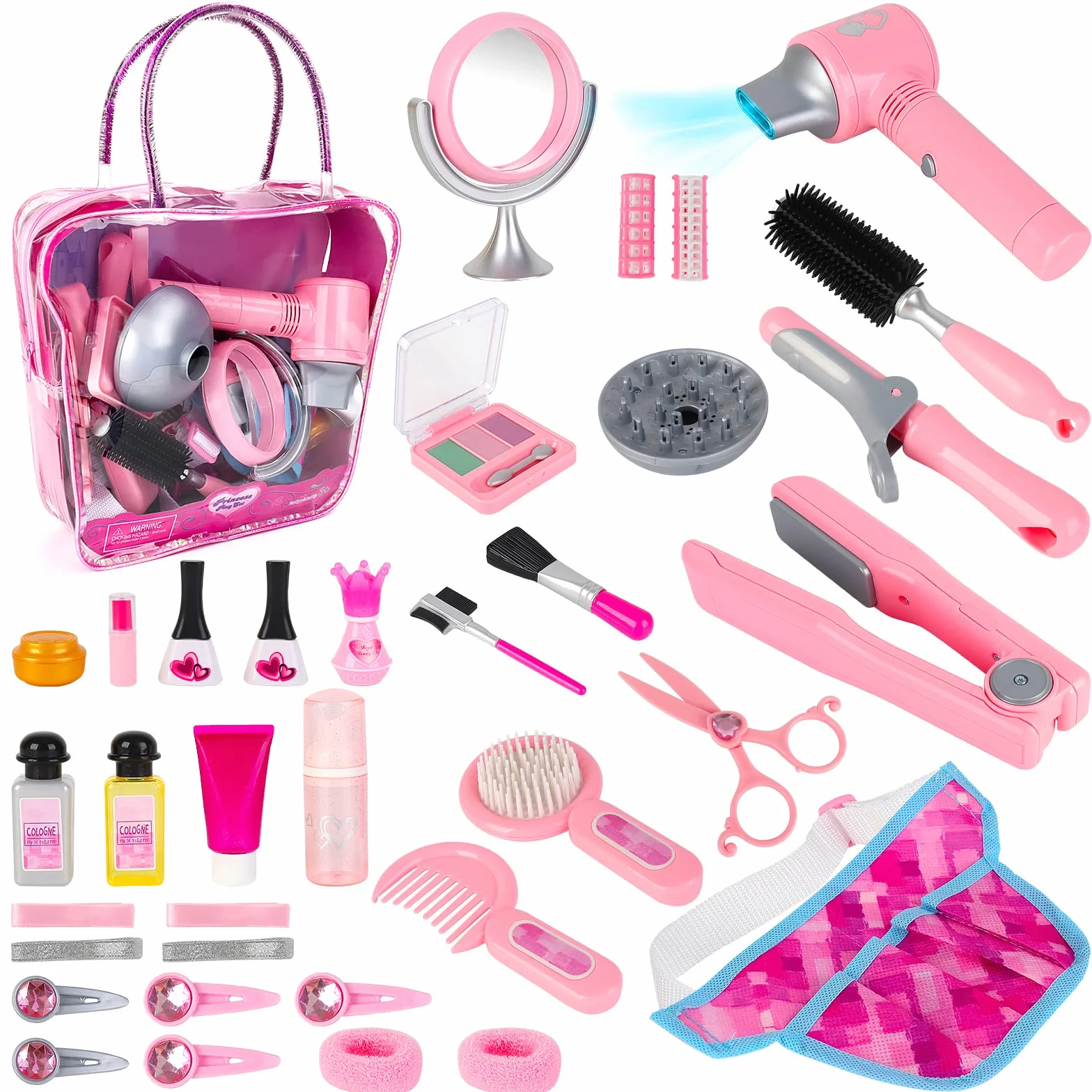 deAO Schönheitssalon-Set für Mädchen, 35-teilig, Modespiel mit Haartrockner, Spiegel, Lockenstab und anderem Zubehör, simuliertes Make-up-Set für Kinder