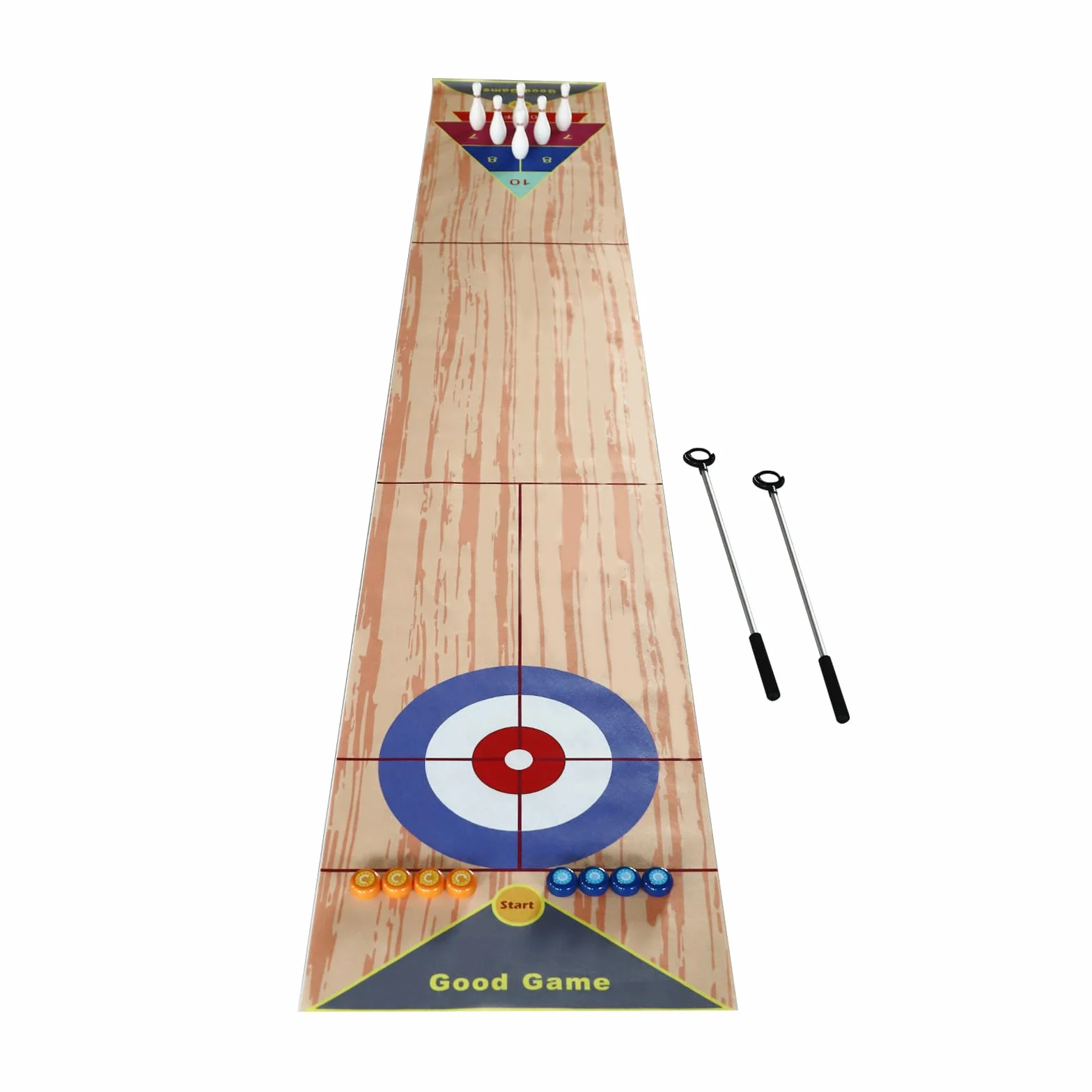 3 in 1 Shuffleboard Bowling Tischspiele 360x57cm, Tragbares Shuffleboard Tischkegelspiel Curling Spiel mit 6 Bowling und 2 Puttern für Kinder Familie Party