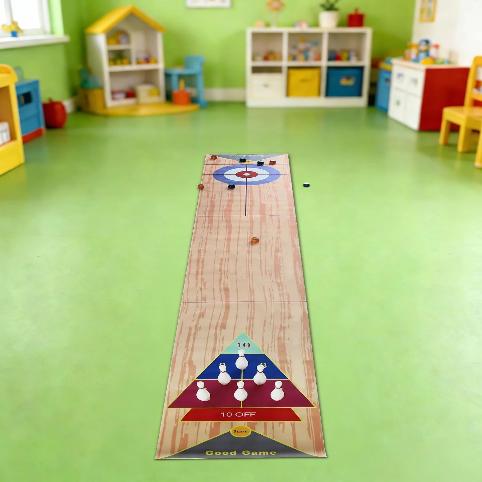 3 in 1 Shuffleboard Bowling Tischspiele 360x57cm, Tragbares Shuffleboard Tischkegelspiel Curling Spiel mit 6 Bowling und 2 Puttern für Kinder Familie Party