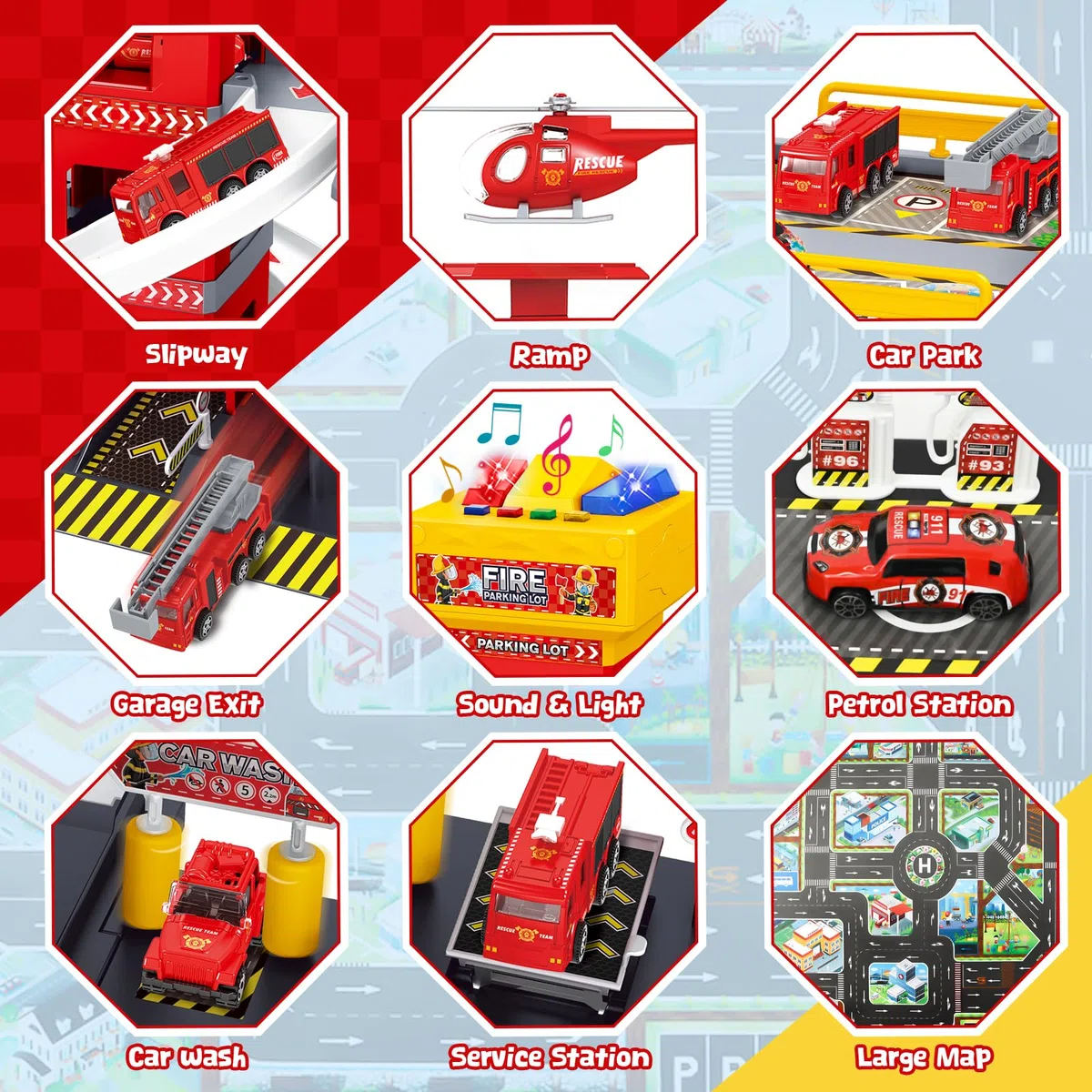 FORMIZON 5 Stockwerke Parkhaus für Kinder, Parkgarage Feuerwehr und Polizei mit Garage, Rampen, Aufzug, Tankstelle, Licht & Sound, Spielzeug Parkhaus mit 12 Autos und 3 Hubschrauber für Kinder (Rot)