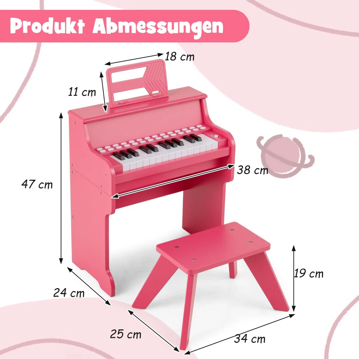 COSTWAY 25-Tasten Keyboard Kinder, elektronisches Kinderklavier mit Hocker, verstellbarem Mikrofon & Notenständer & Lehrmodus , Kinderpiano Klaviertastatur für Kinder ab 3 Jahren (Rosa)