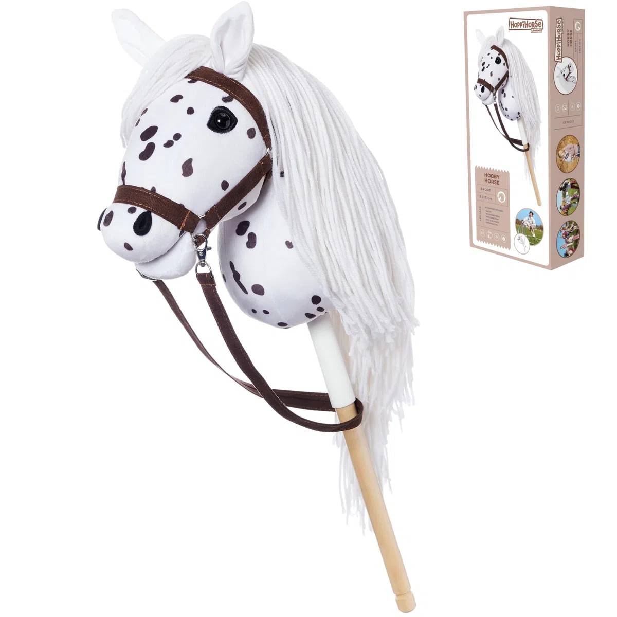 HOPPIHORSE Steckenpferd mit Trense - A3 - Hobby Horse mit Zügeln, Schultergurt, Schweif - hochwertiges Plüsch mit Langer Mähne - Silikongriff für besseren Halt - mit Geschenkverpackung