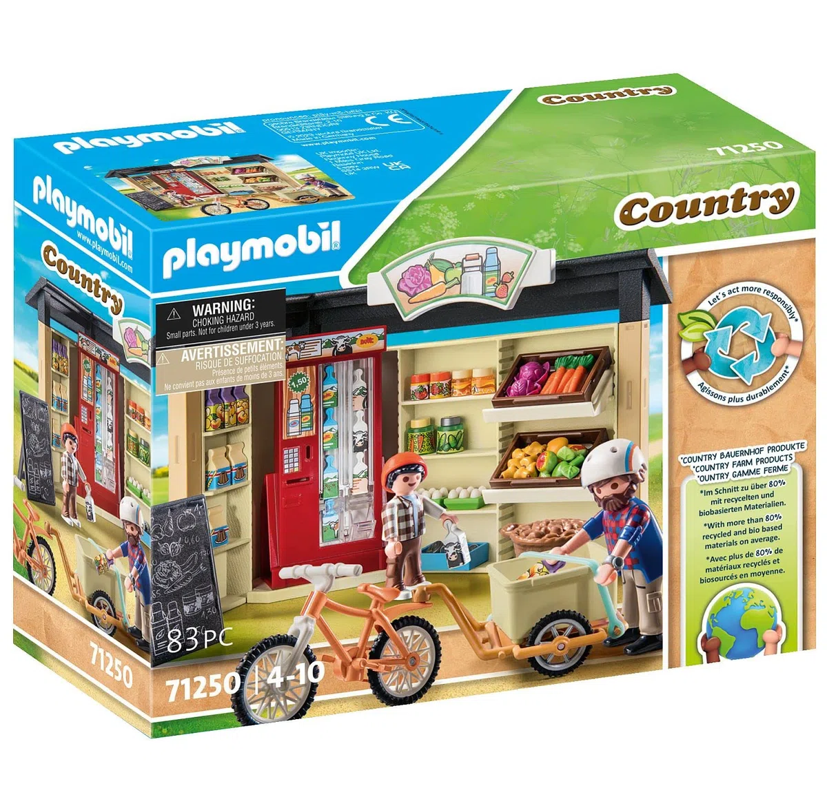 PLAYMOBIL Country 71250 24-Stunden-Hofladen, Fahrrad mit Anhänger, Lebensmittelladen für den Bio-Bauernhof, Nachhaltiges Spielzeug für Kinder ab 4 Jahren