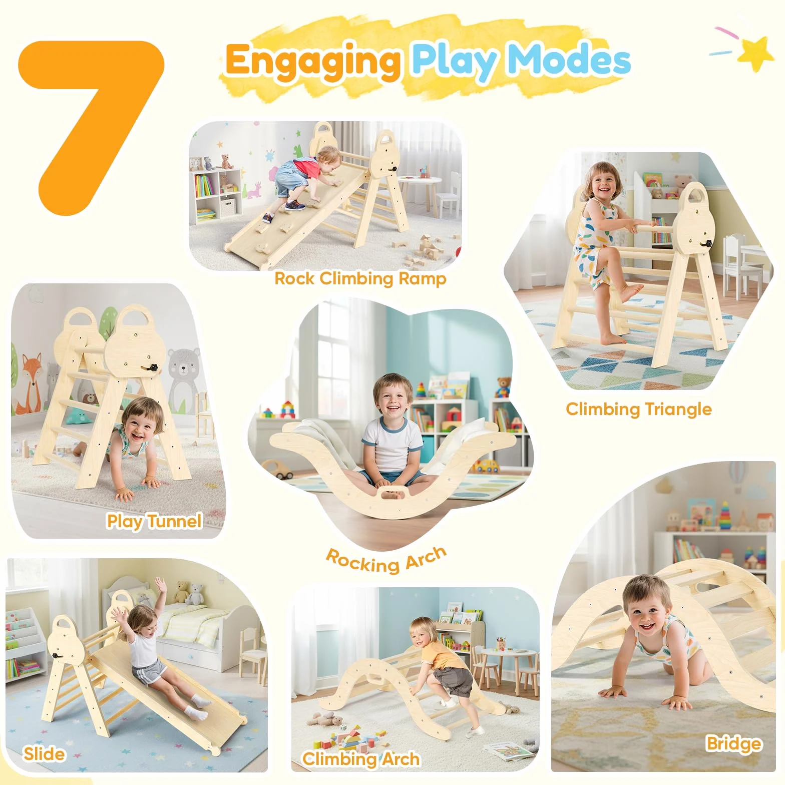 7-in-1 Montessori Kletterdreieck aus Holz – Indoor Klettergerüst mit Rutsche für Kinder ab 1 Jahr | Spielplatz Kletterset Baby Spielzeug
