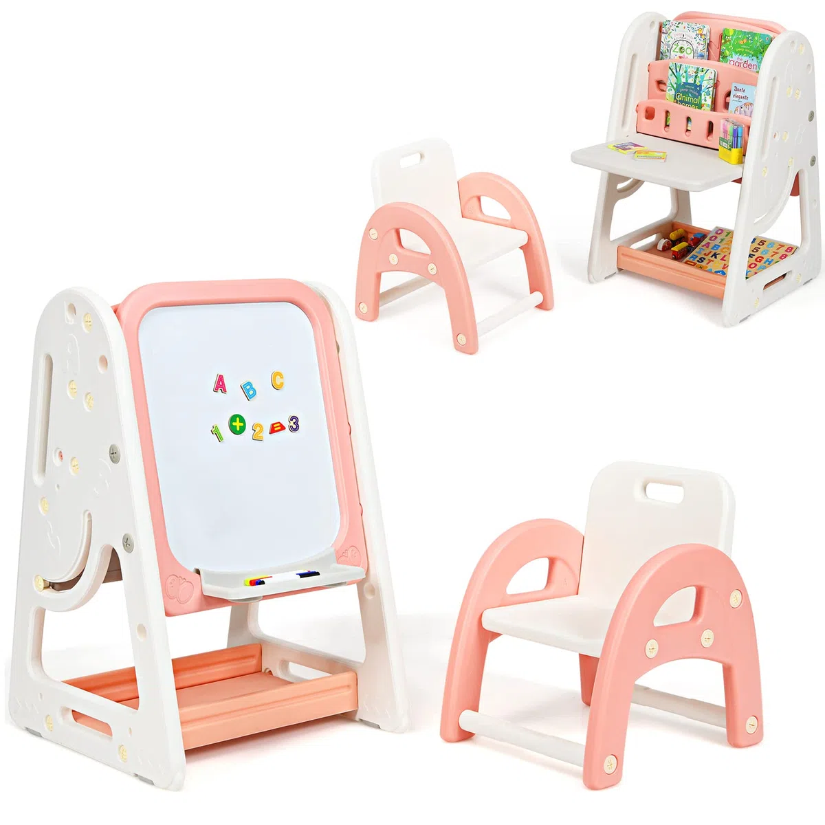 COSTWAY 2 in 1 Kinder Staffelei & Kindersitzgruppe mit Bücherregal, Kindertisch & -stuhl mit Aufbewahrungsablage und klappbarer Tischplatte, Standtafel mit Malzubehör (Orange)