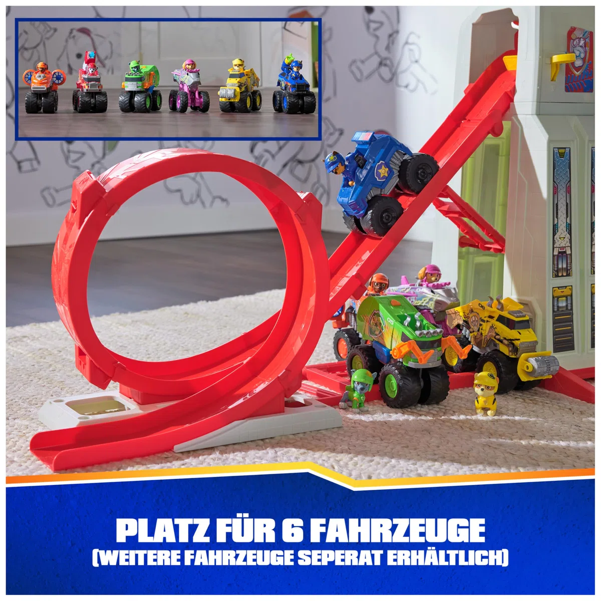 PAW Patrol Rescue Wheels - Superloop Tower, extragroßer Tower mit Startrampe und Looping, Licht- & Geräuscheffekten, inkl. Chase Monstertruck und Figur, Spielzeug für Kinder ab 3 Jahren