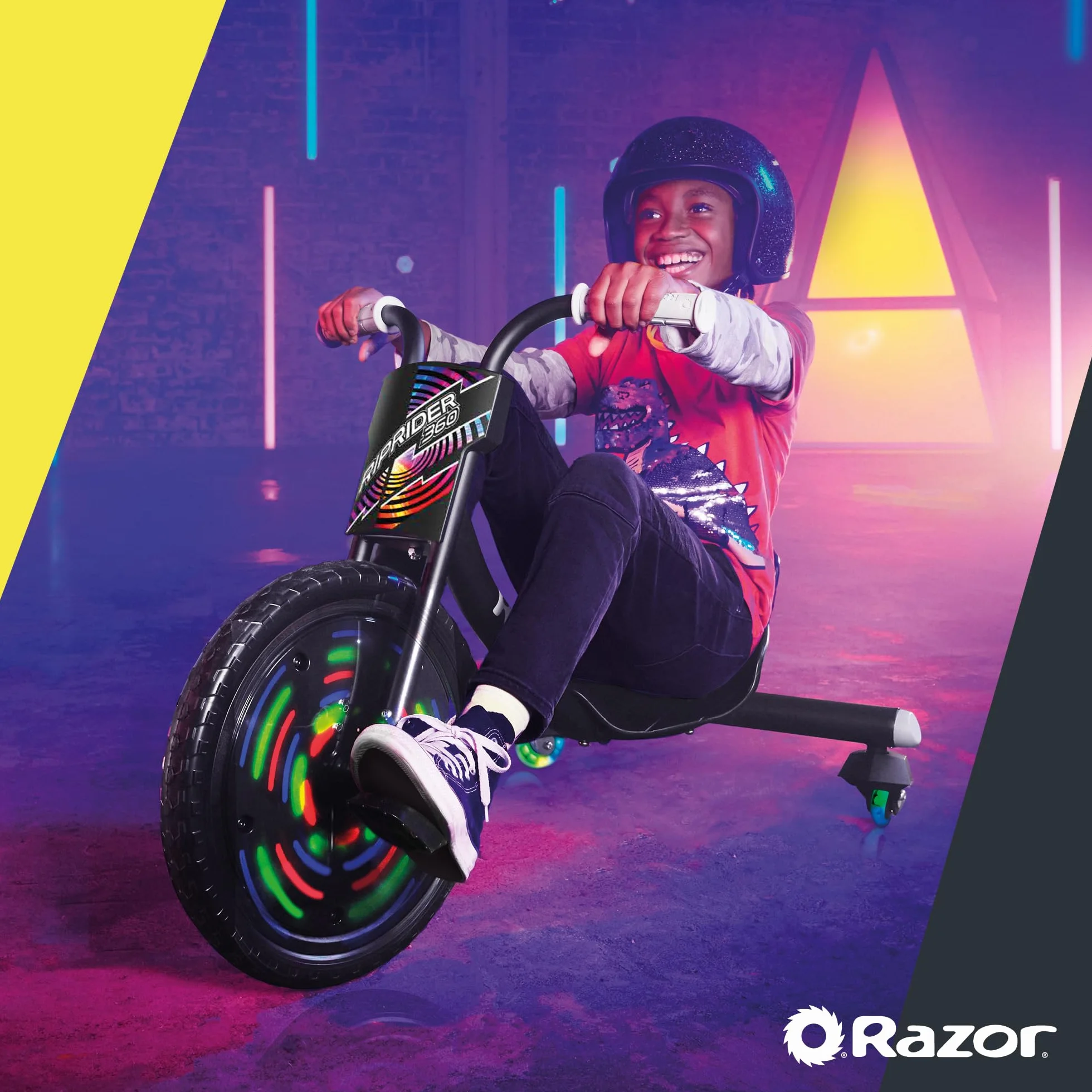 Razor RipRider 360 Lightshow -Trike mit hinteren Rollen und mit bewegungsaktivierten mehrfarbigen Lichtern, Drifting Ride auf 3 Rädern - für Kinder ab 5 Jahren