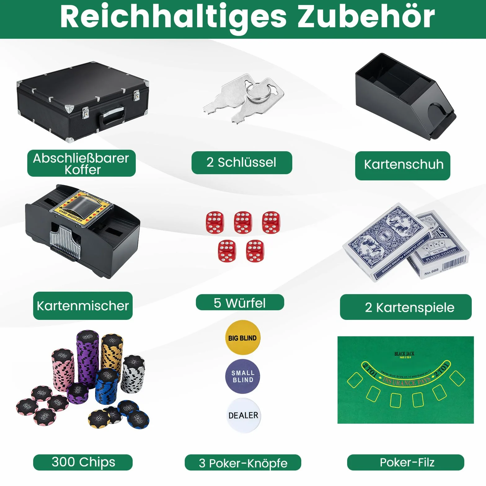 DREAMADE Pokerkoffer mit 300 Laser Poker Chips/ 2 Pokerkarten Set/Kartenmischer/Kartengeber/Spielmatte/ 5 Würfel/ 3 Dealer-Buttons, Poker Komplett Set Pokerset Profi Texas Hold'em (300 Chips)