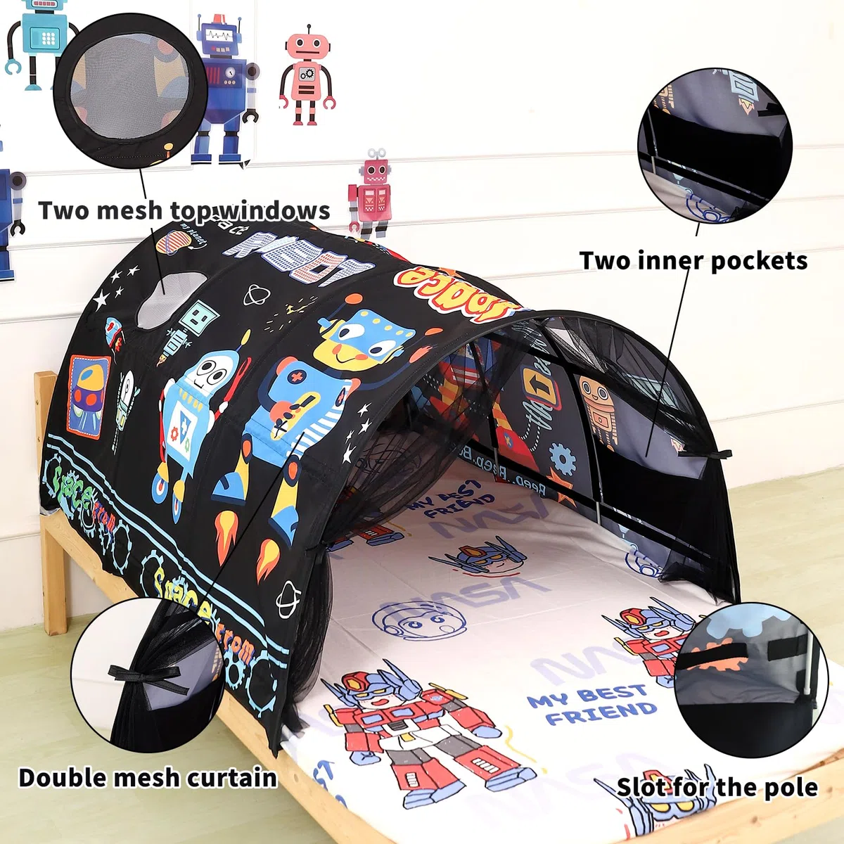 Kinderbettzelt für Einzelbetten – Cartoon-Motive Wonder Play Zelte für Jungen und Mädchen Belüftete Indoor-Zelte für Kinder Fördern die Selbstständigkeit (Roboter)