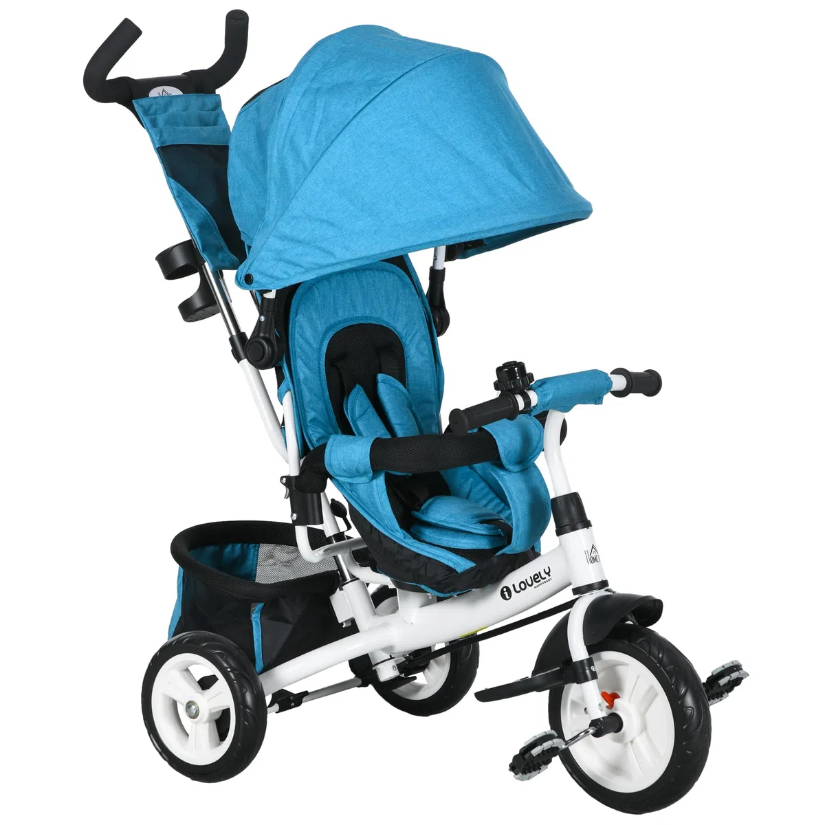 HOMCOM Dreirad 6-in-1 mit Schubstange für 1-5 Jahre Kinder bis 25kg, Kinderdreirad mit Vorwärts und Rückwärtsfahrt, Korb Tasche Becherhalter Sonnendach, Blau