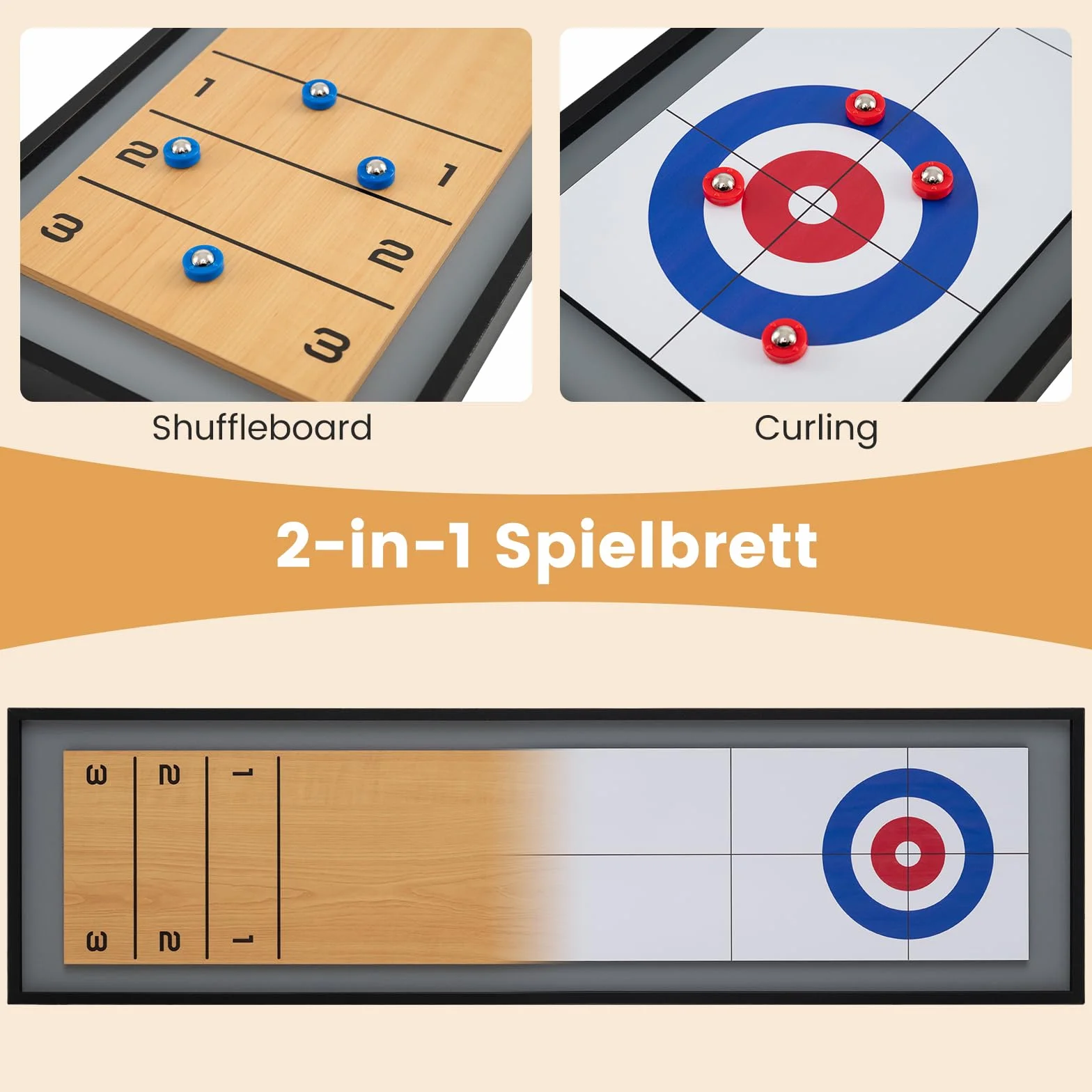 COSTWAY 2 in 1 Shuffleboard & Curling, 114 x 32 cm Brettspiele mit 8 Pucks, tragbares Tisch-Shuffleboard, Table Top Game aus Holz, Tischkegelspiel für Kinder, Erwachsene
