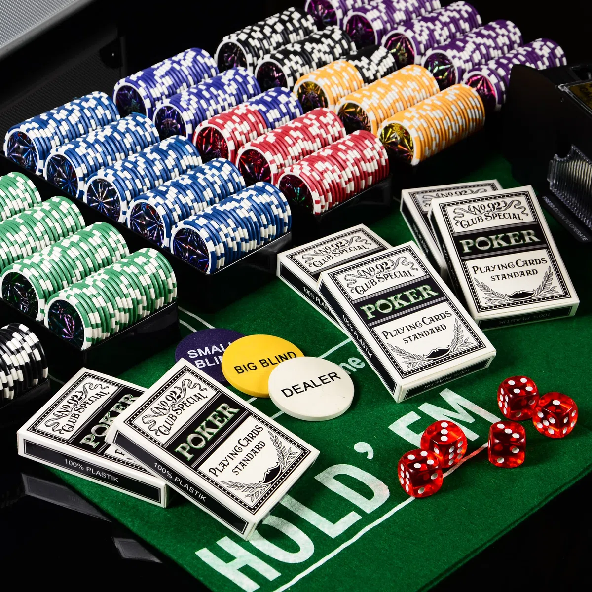 Pokerkoffer DeLuxe Pokerset mit 600 OCEAN CHAMPION CHIPS mit Metallkern á 12 g viel Zubehör Kartenmischer Kunststoffkarten Kartengeber Spielmatte Poker-Komplettset Black Jack Texas Holdem