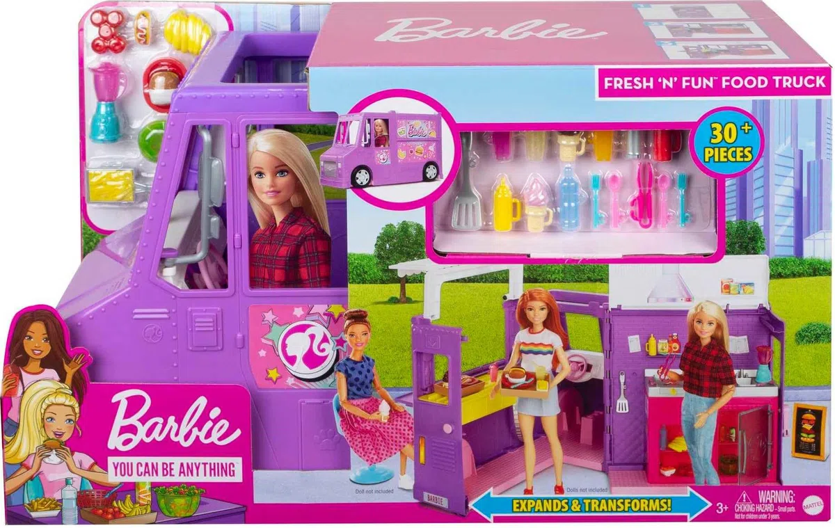 Barbie Fresh 'n' Fun Food Truck, lila Food Truck mit 30 Zubehörteilen, Puppen, Geschenk für Kinder ab 3 Jahre,GMW07