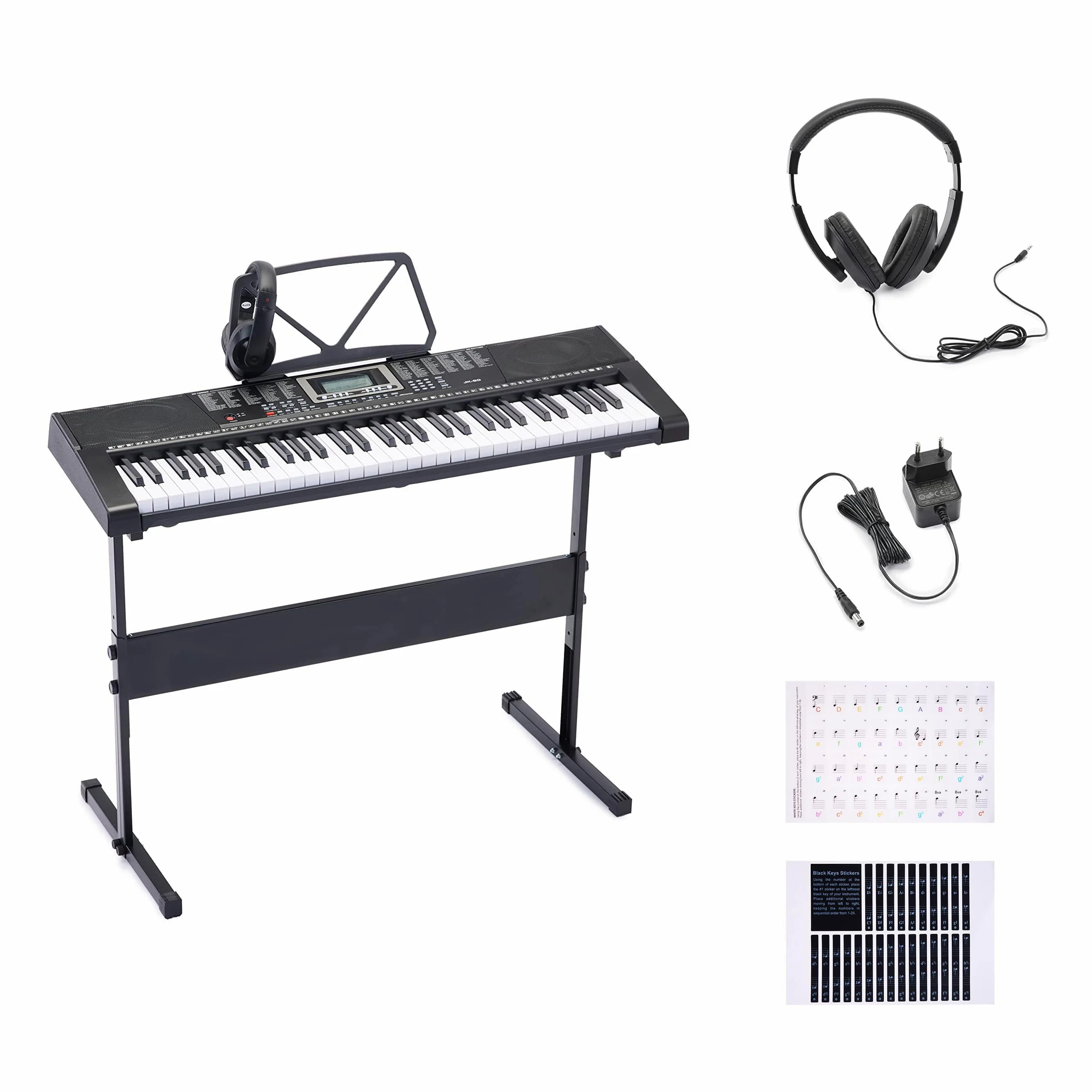 Amazon Basics 61-Tasten tragbares Digitalpiano für Anfänger, Eingebaute Lautsprecher, 255 Klänge und Rhythmen, 50 Demo-Songs, Notenständer und Kopfhörer enthalten, Schwarz, 93 x 30.4 x 9.32 cm