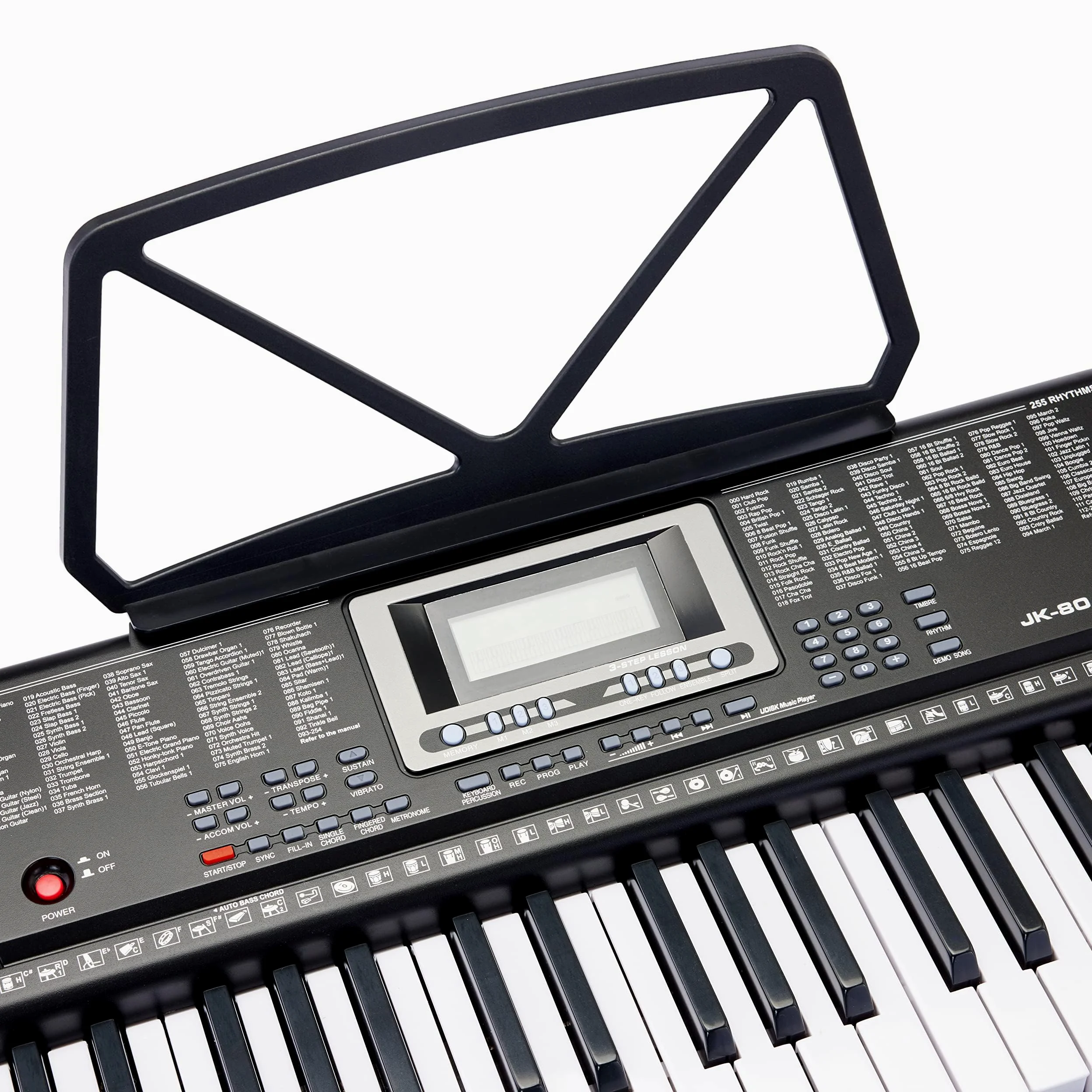 Amazon Basics 61-Tasten tragbares Digitalpiano für Anfänger, Eingebaute Lautsprecher, 255 Klänge und Rhythmen, 50 Demo-Songs, Notenständer und Kopfhörer enthalten, Schwarz, 93 x 30.4 x 9.32 cm