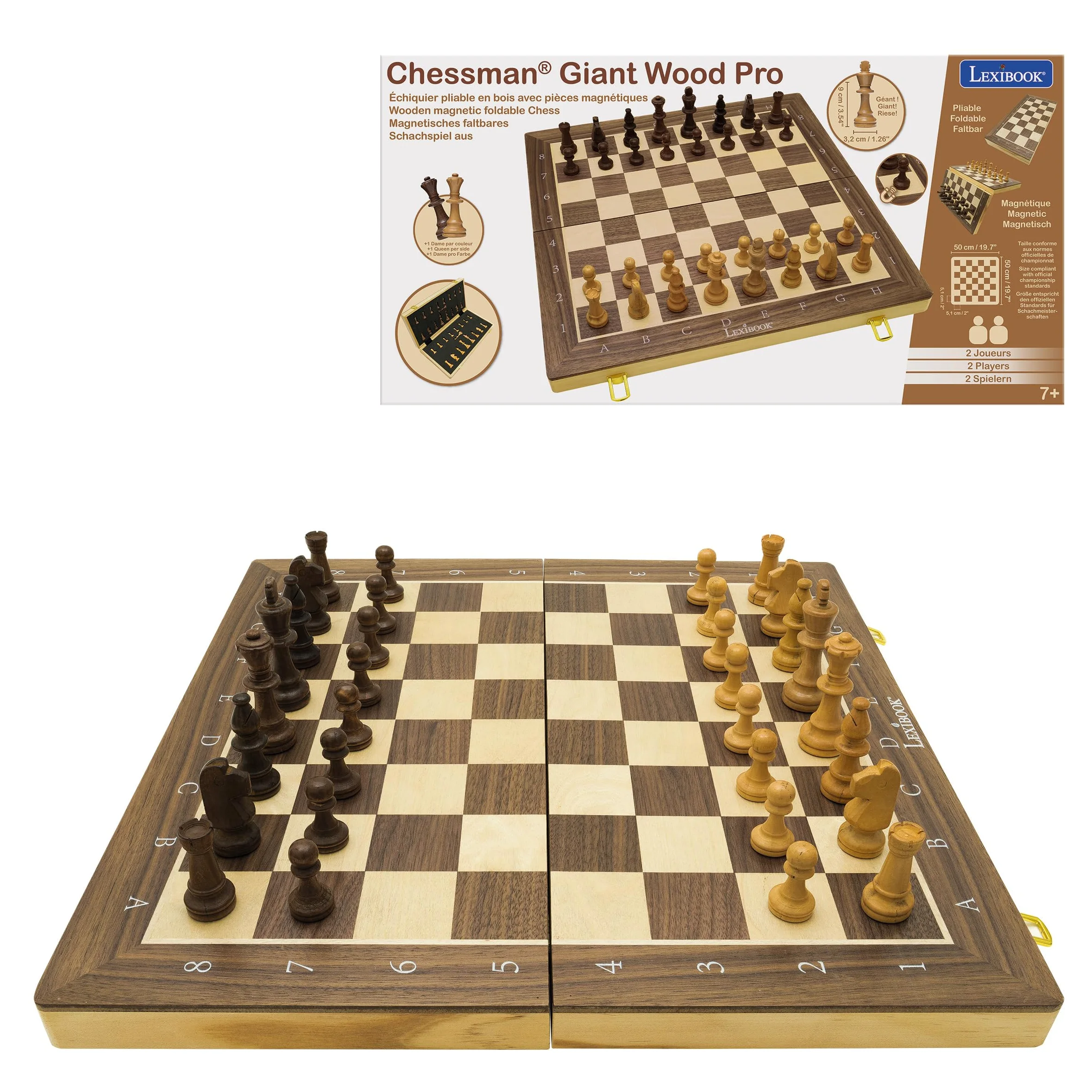 Lexibook, Chessman Giant Wood Pro - zusammenklappbares Schachbrett aus Holz mit magnetischen Figuren, CGM1000LXB