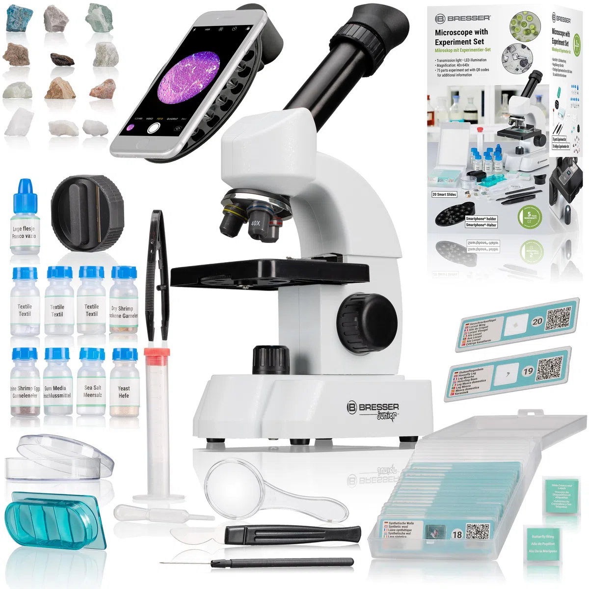 Bresser Mikroskop 40-640x mit umfangreichem Experimentier-Set und Smart-Slides mit QR-Codes