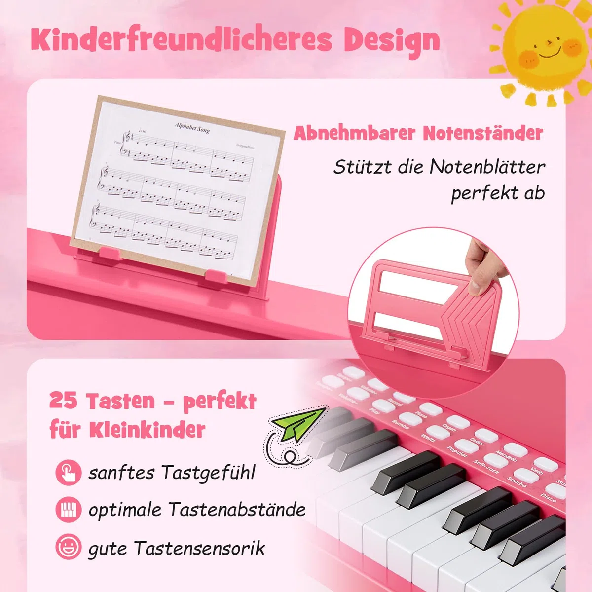 COSTWAY 25-Tasten Keyboard Kinder, elektronisches Kinderklavier mit Hocker, verstellbarem Mikrofon & Notenständer & Lehrmodus , Kinderpiano Klaviertastatur für Kinder ab 3 Jahren (Rosa)