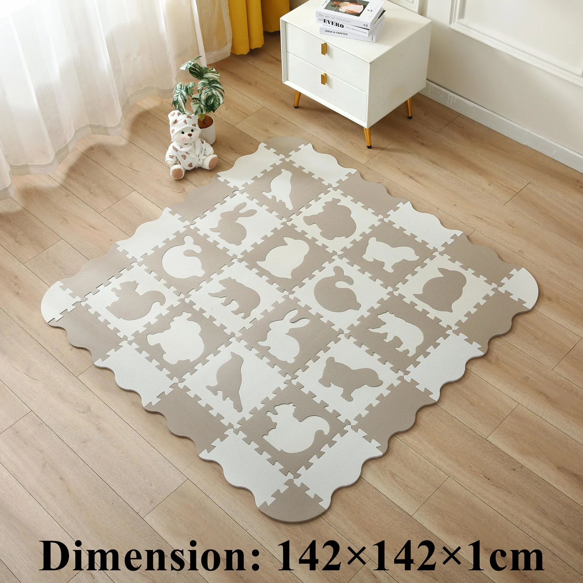 Kindermatte Puzzlematte Kind Play Mat for Floor Interlocking Eva Foam Puzzle Mat Krabbeldecke FüR Tiermuster drucken Krabbelmatte rutschfest 142×142×1cm, Tannfarbe Modell 10