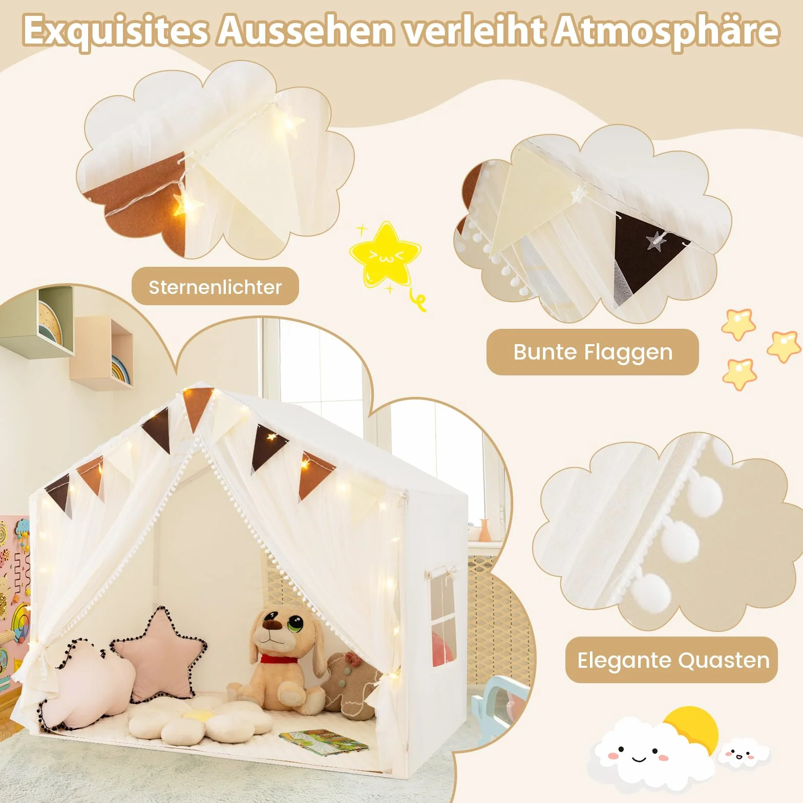 COSTWAY Spielhaus Kinder Indoor, Kinderzelt mit Matte und Lichtern, Spielzelt Kinder, Prinzessin Kinderspielhaus, Kinderzimmer Dekor Zelt für Jungen und Mädchen ab 3 Jahren (Beige)